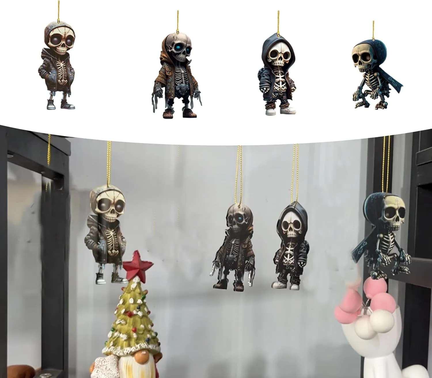 1 PC Car Halloween Skull Pendant, Acrylic Spooky Skeleton Statue Decoration, Rearview Mirror Swing Skull Doll Accessories, Universal for Most Car Backpack Hanging Decorations (Black #01)