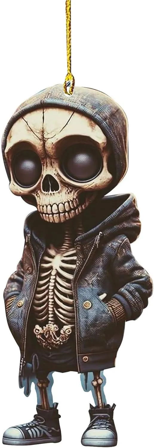1 PC Car Halloween Skull Pendant, Acrylic Spooky Skeleton Statue Decoration, Rearview Mirror Swing Skull Doll Accessories, Universal for Most Car Backpack Hanging Decorations (Black #03)