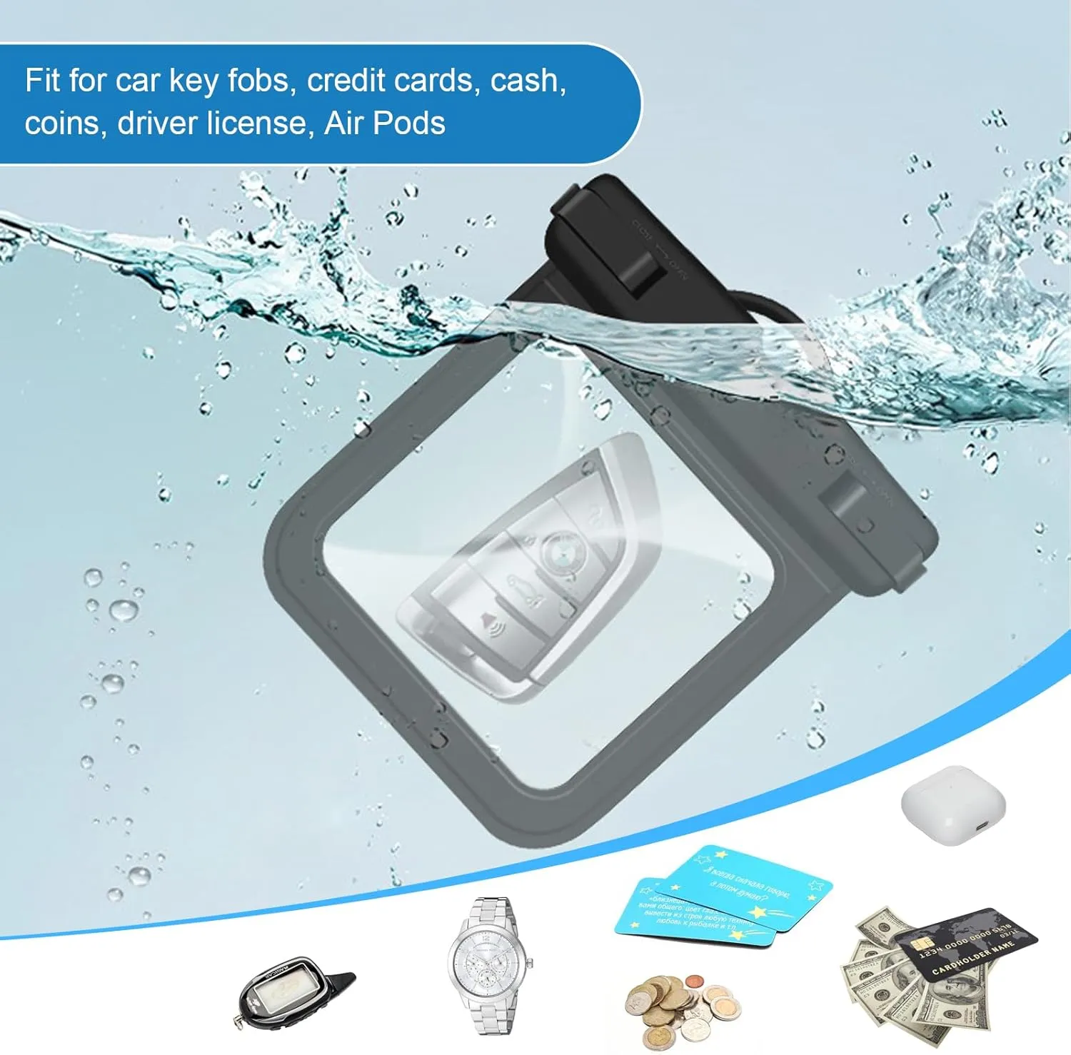 2 Pack Submersible Waterproof Wallet Dry Car Key Fob Case Bag,Swimming Surfing Water Sports Small Waterproof Pouch Holder for Door Ship Card Credit ID Card Driver Fishing License Cash Coins-Black