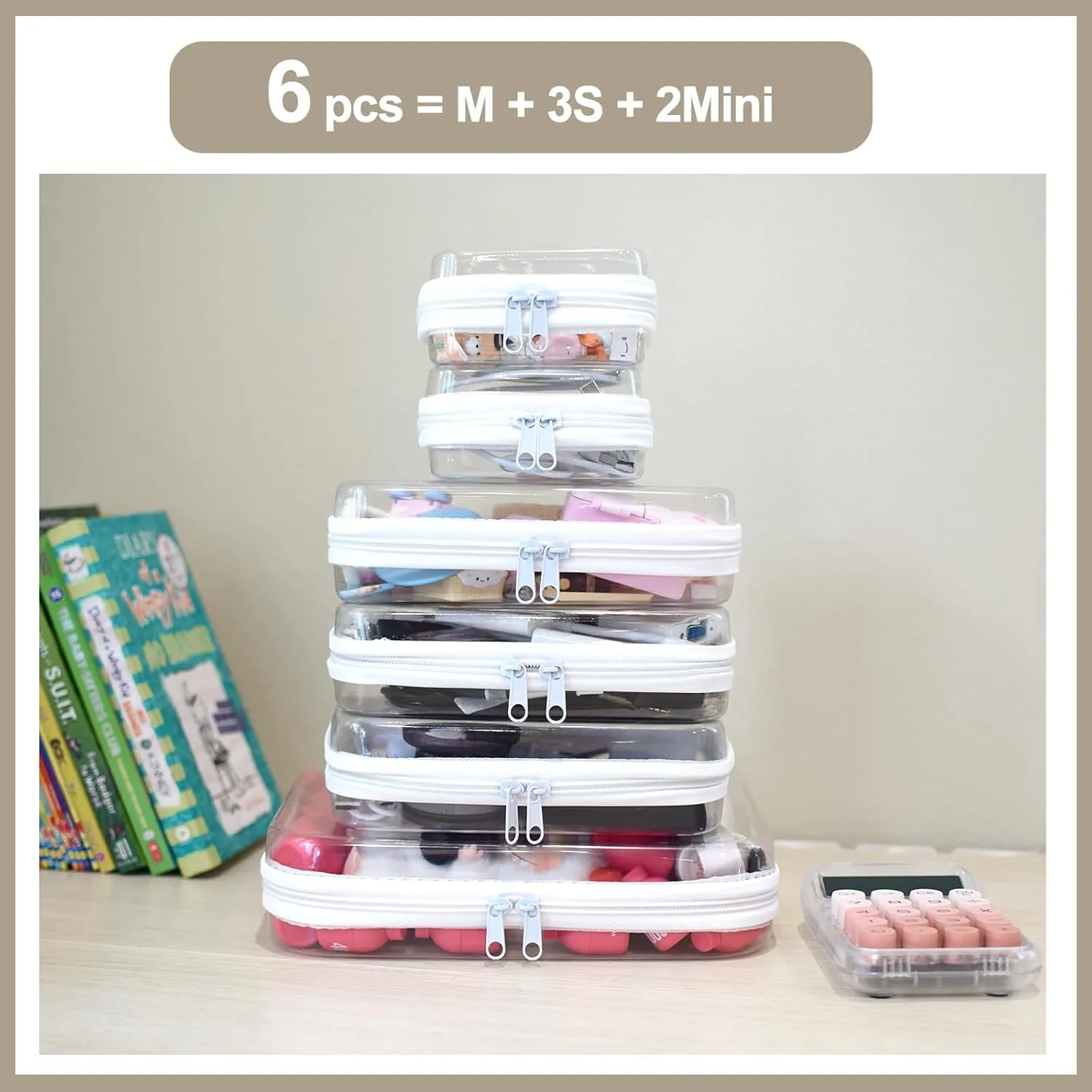 6 pcs Clear Zipper Pouches, Toiletry Bag for Travel, Stackable Waterproof Diaper Bag, Zipper Pouch, Travel Organizer, Clear Cosmetic Bag,Toy Storage Bins (M 3S 2Mini)