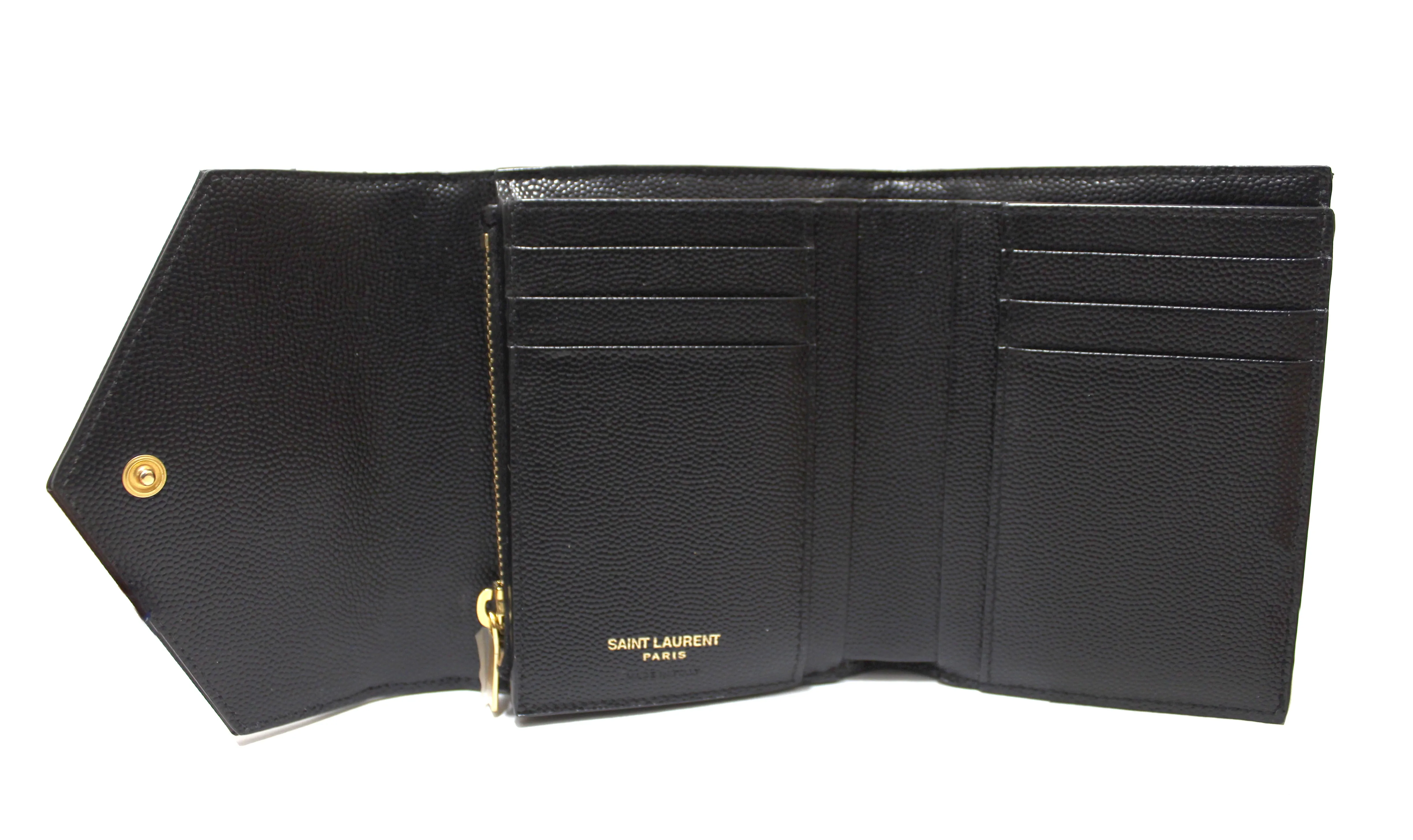 Authentic Yves Saint Laurent Black Monogram Small Grain de Poudre Tri-Fold Wallet