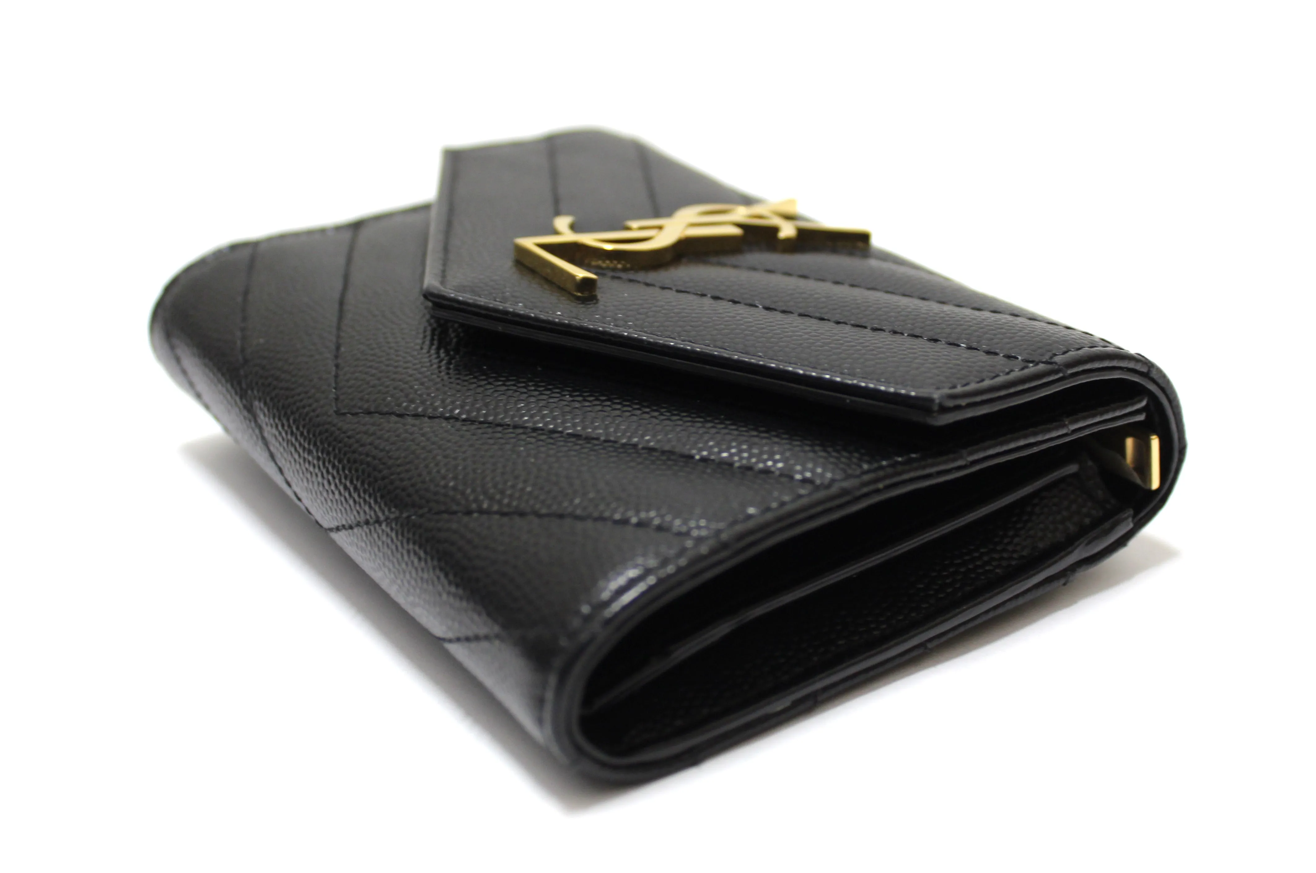 Authentic Yves Saint Laurent Black Monogram Small Grain de Poudre Tri-Fold Wallet
