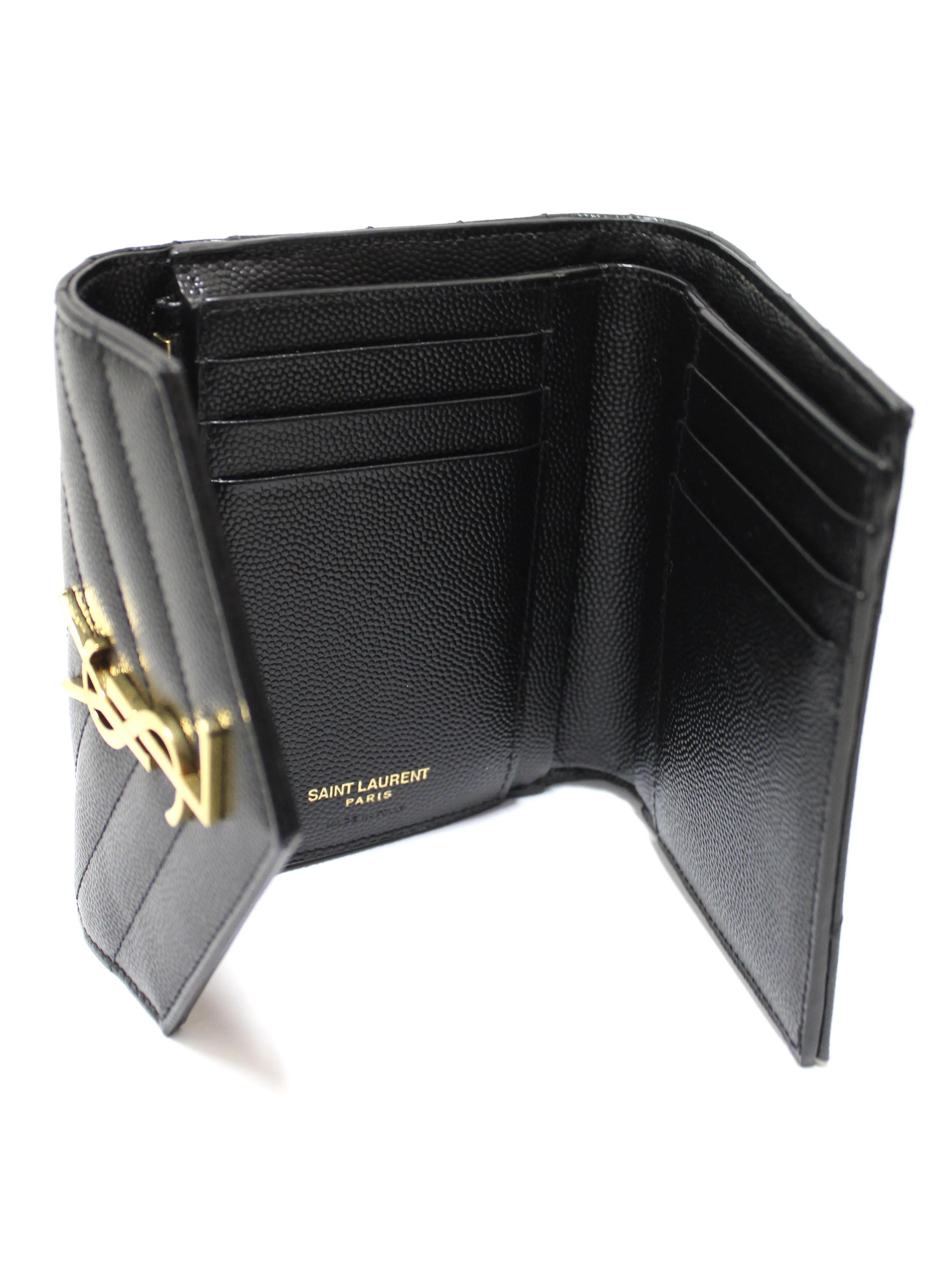 Authentic Yves Saint Laurent Black Monogram Small Grain de Poudre Tri-Fold Wallet