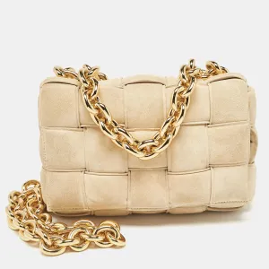 Beige Suede Padded Cassette Shoulder Bag