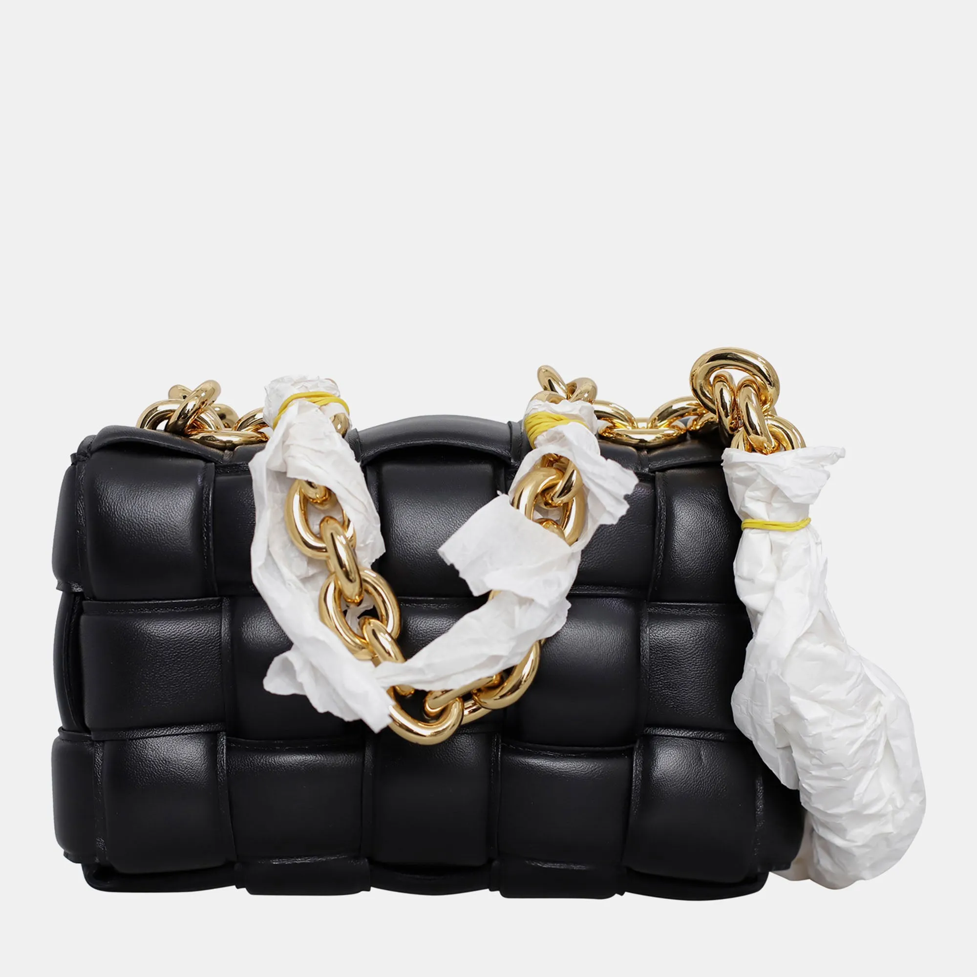 Black Leather Cassette Padded Chain Shoulder Bag