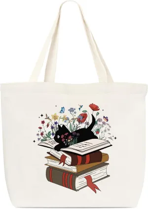 Canvas Tote Bag, Book Tote Bag, Book Lover Gift, Floral Black Cat Tote, Library Tote Bag, Reusable Grocery Shopping Bag, Library Shoulder Bag For Reader Bookish Women Friend Bookworm A(24)