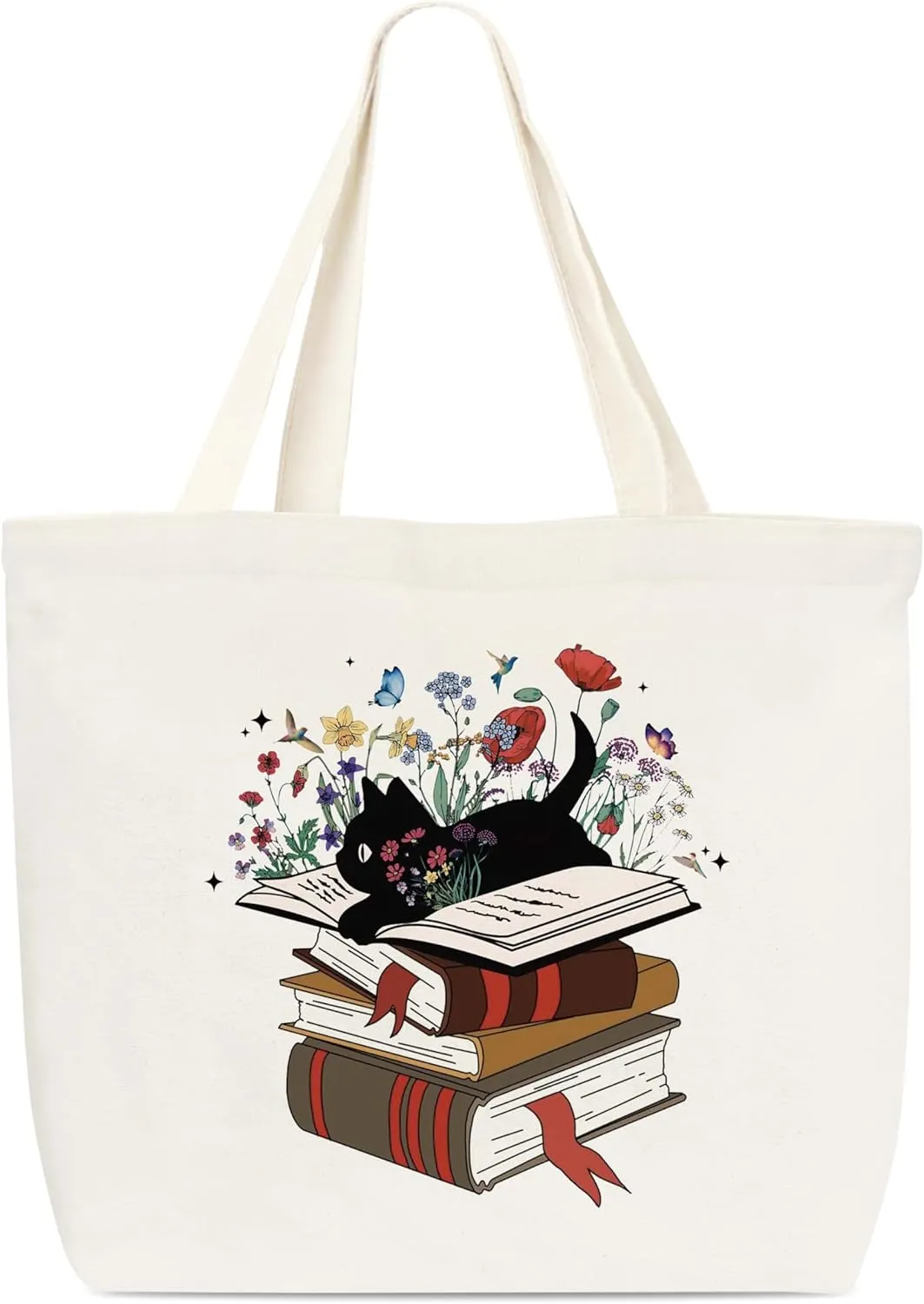 Canvas Tote Bag, Book Tote Bag, Book Lover Gift, Floral Black Cat Tote, Library Tote Bag, Reusable Grocery Shopping Bag, Library Shoulder Bag For Reader Bookish Women Friend Bookworm A(24)