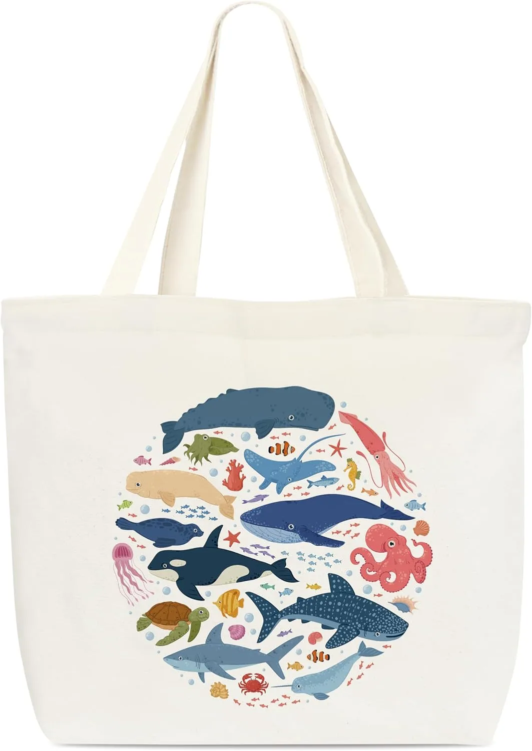 Canvas Tote Bag, Book Tote Bag, Ocean Animals Tote Bag,Ocean Lovers Gift, Funny Tote Bag, Library Tote, Reusable Grocery Shopping Bag, Library Shoulder Bag For Women Man Friends B(09)