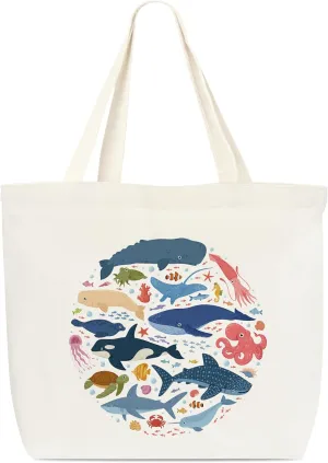 Canvas Tote Bag, Book Tote Bag, Ocean Animals Tote Bag,Ocean Lovers Gift, Funny Tote Bag, Library Tote, Reusable Grocery Shopping Bag, Library Shoulder Bag For Women Man Friends B(09)