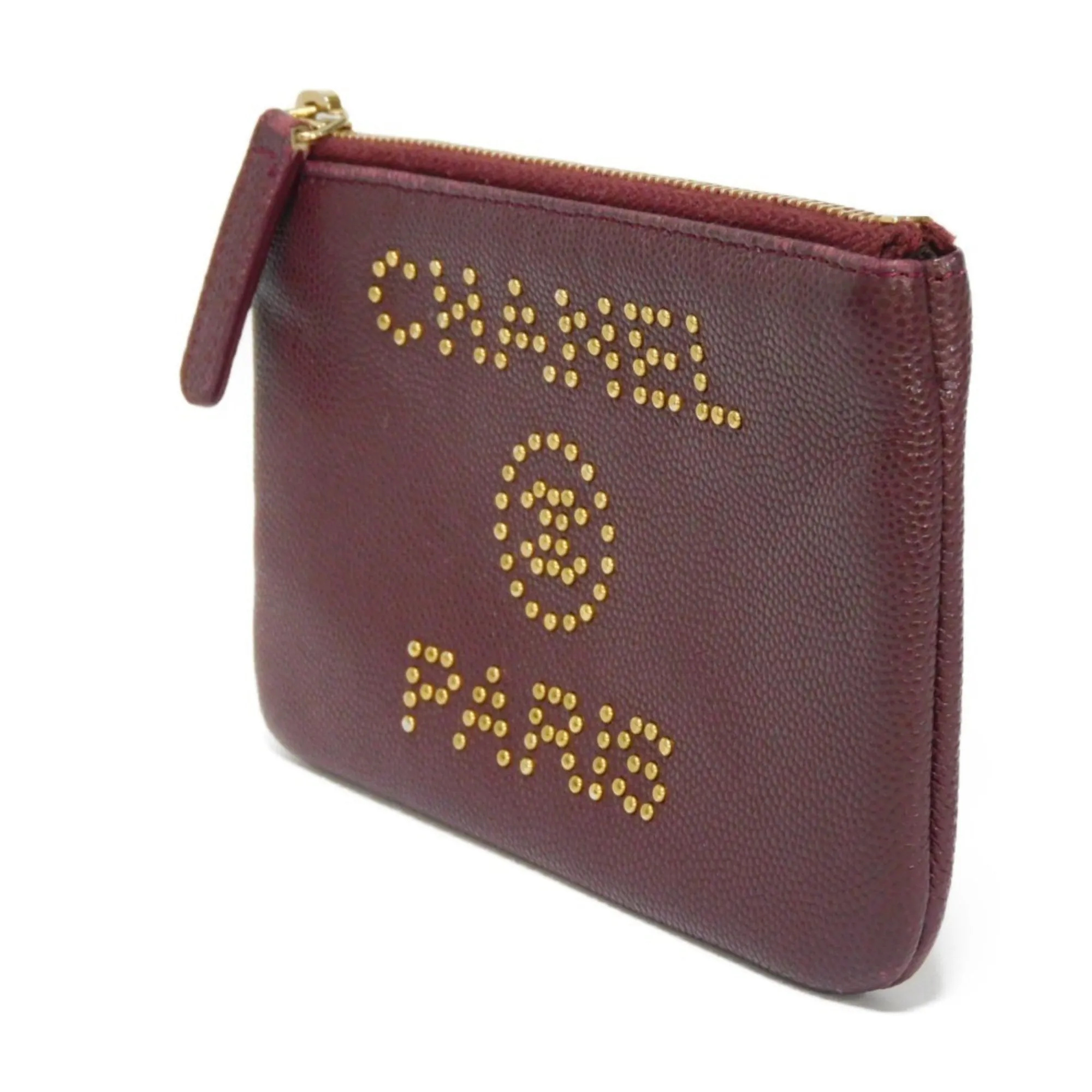 Chanel Coin Case Deauville Mini Pouch Caviar Skin 28th Series Logo Studs Burgundy AP0793 Men's Women's Wallet