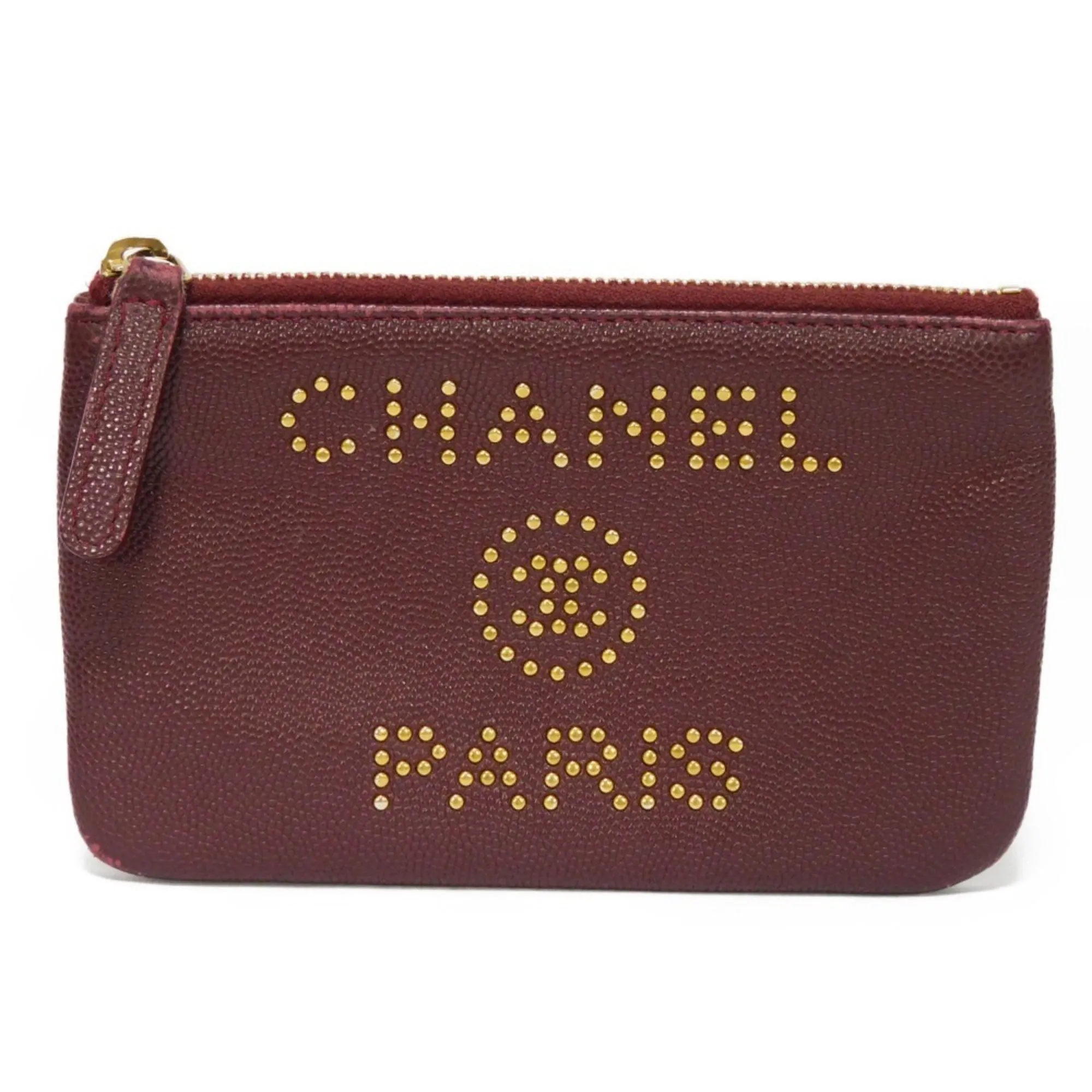 Chanel Coin Case Deauville Mini Pouch Caviar Skin 28th Series Logo Studs Burgundy AP0793 Men's Women's Wallet