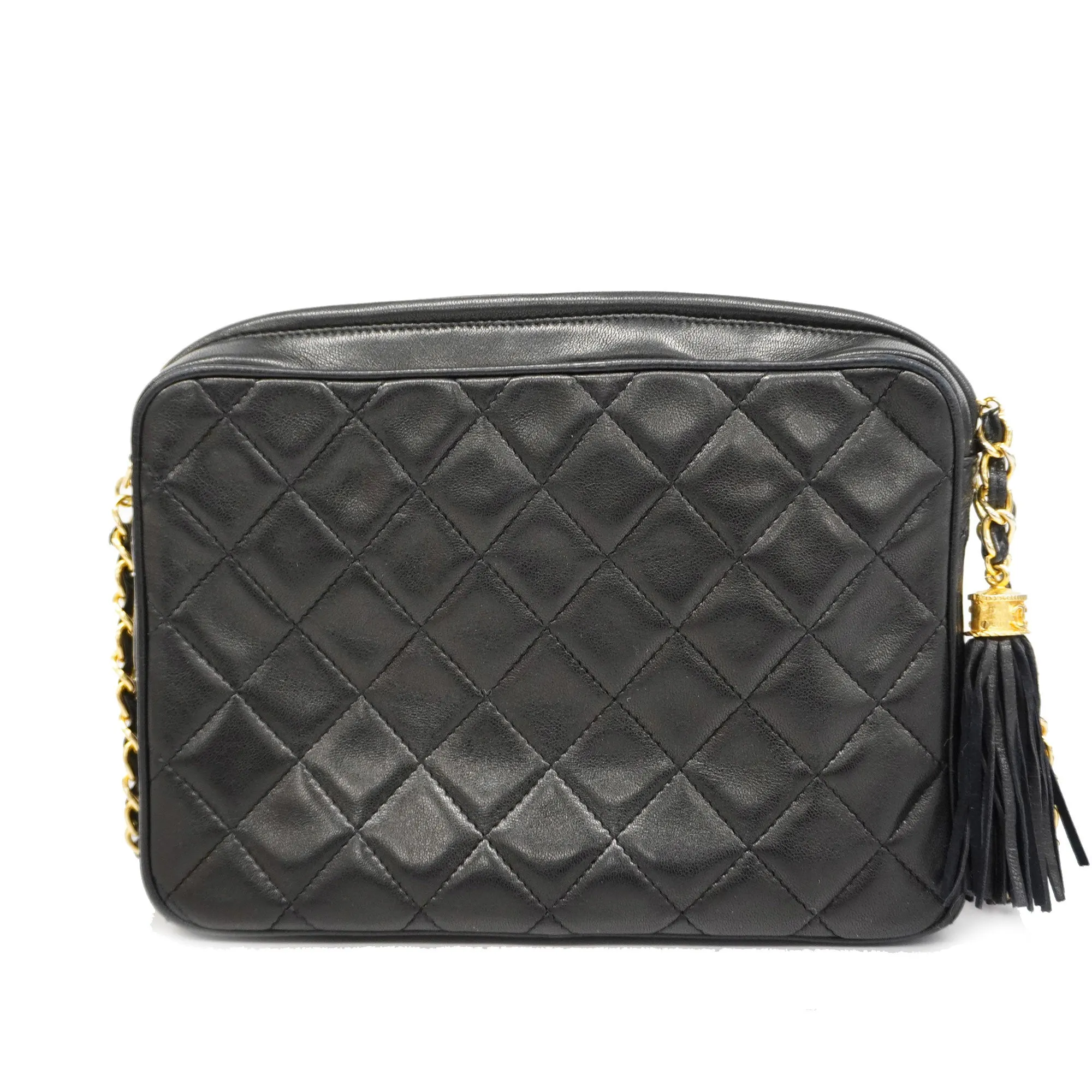 Chanel[3bd5058] Auth  Shoulder Bag Matelasse Chain Shoulder With Fringe Lambskin Black Gold Metal