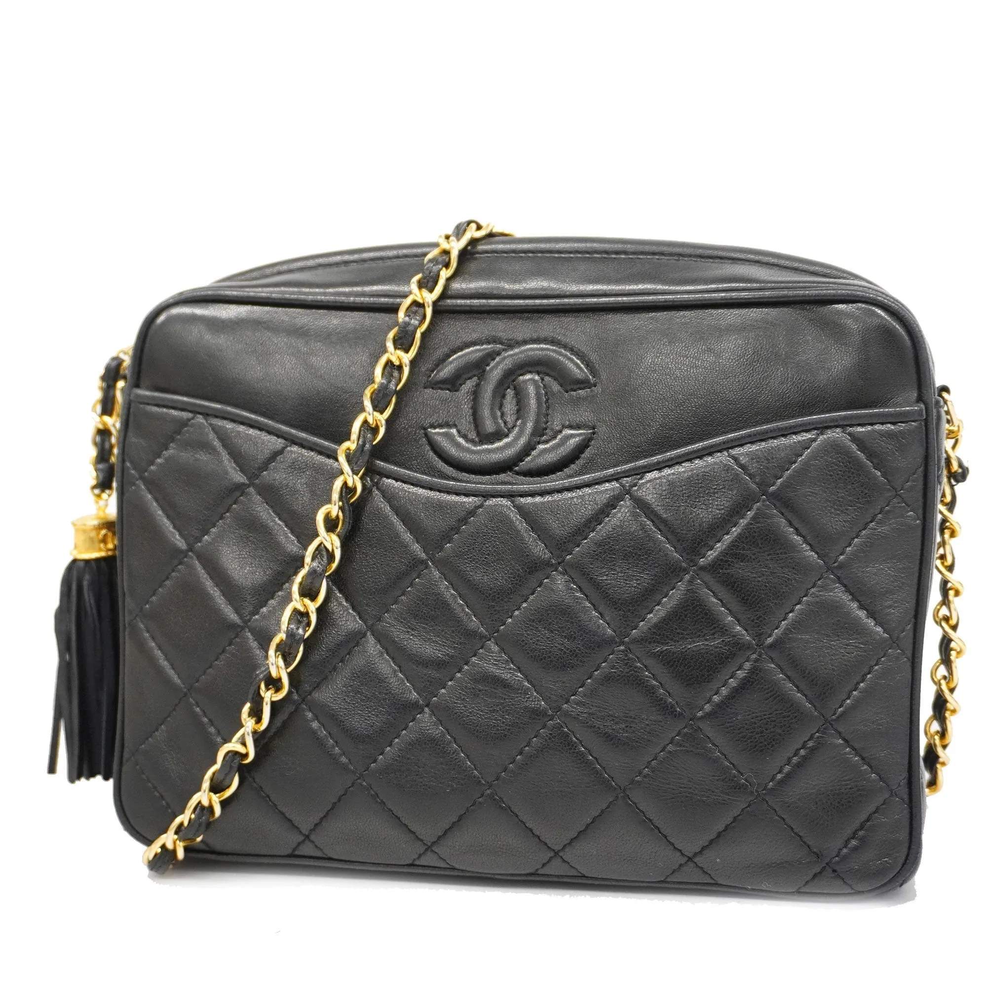 Chanel[3bd5058] Auth  Shoulder Bag Matelasse Chain Shoulder With Fringe Lambskin Black Gold Metal