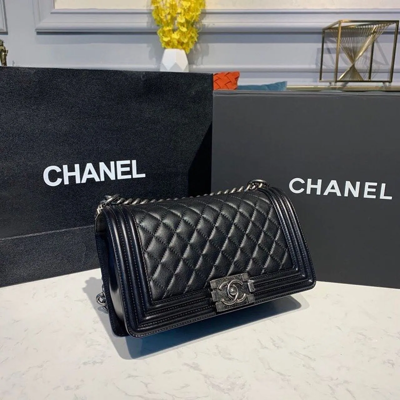 CHL Boy Handbag Silver Hardware Black For Women, Women&#8217;s Bags, Shoulder And Crossbody Bags 9.8in/25cm A67086