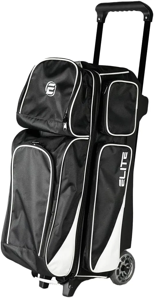 ELITE Deluxe 3 Ball Roller Bowling Bag with 5" Smooth Wheels - 4 Large Accessory Pockets, Shoe Compartment, Extendable Handle - USB Charging Port