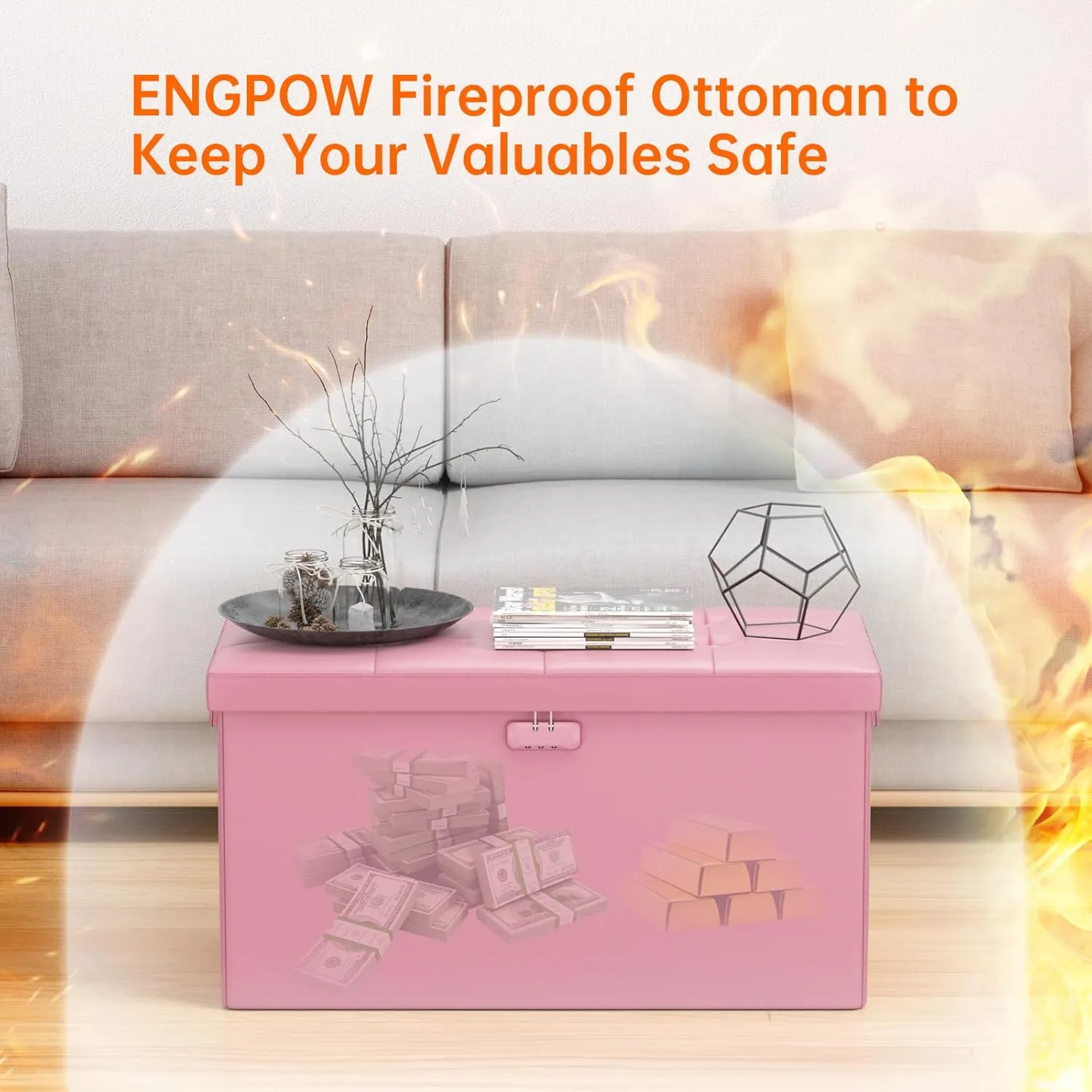 ENGPOW Storage Ottoman Bench,Fireproof Folding Bench with Lock,30 Inches FireWater Resistant Storage Chest Foot Rest Stool Leather Bedroom Ottoman Safe for Documents,Valuables, Pink