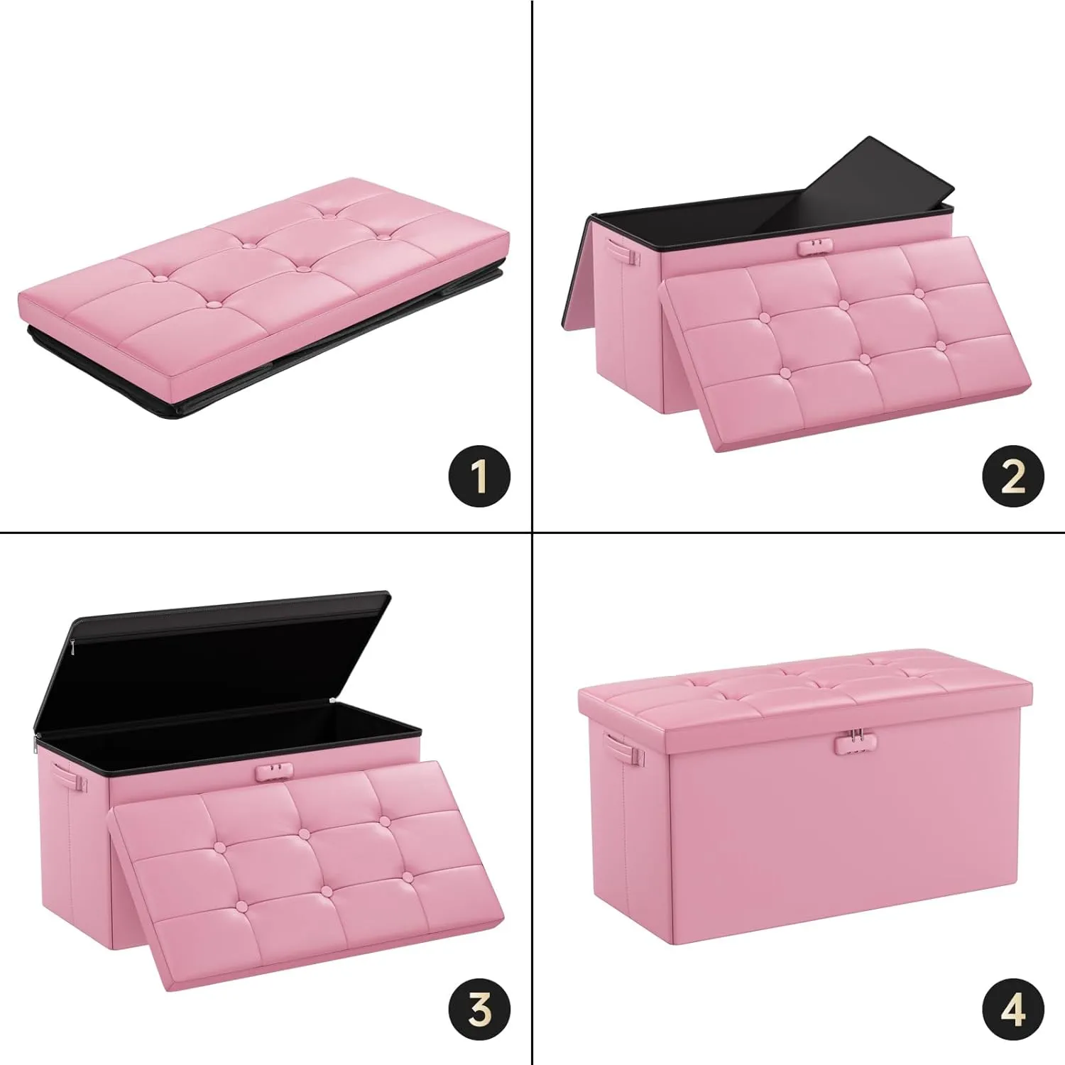 ENGPOW Storage Ottoman Bench,Fireproof Folding Bench with Lock,30 Inches FireWater Resistant Storage Chest Foot Rest Stool Leather Bedroom Ottoman Safe for Documents,Valuables, Pink