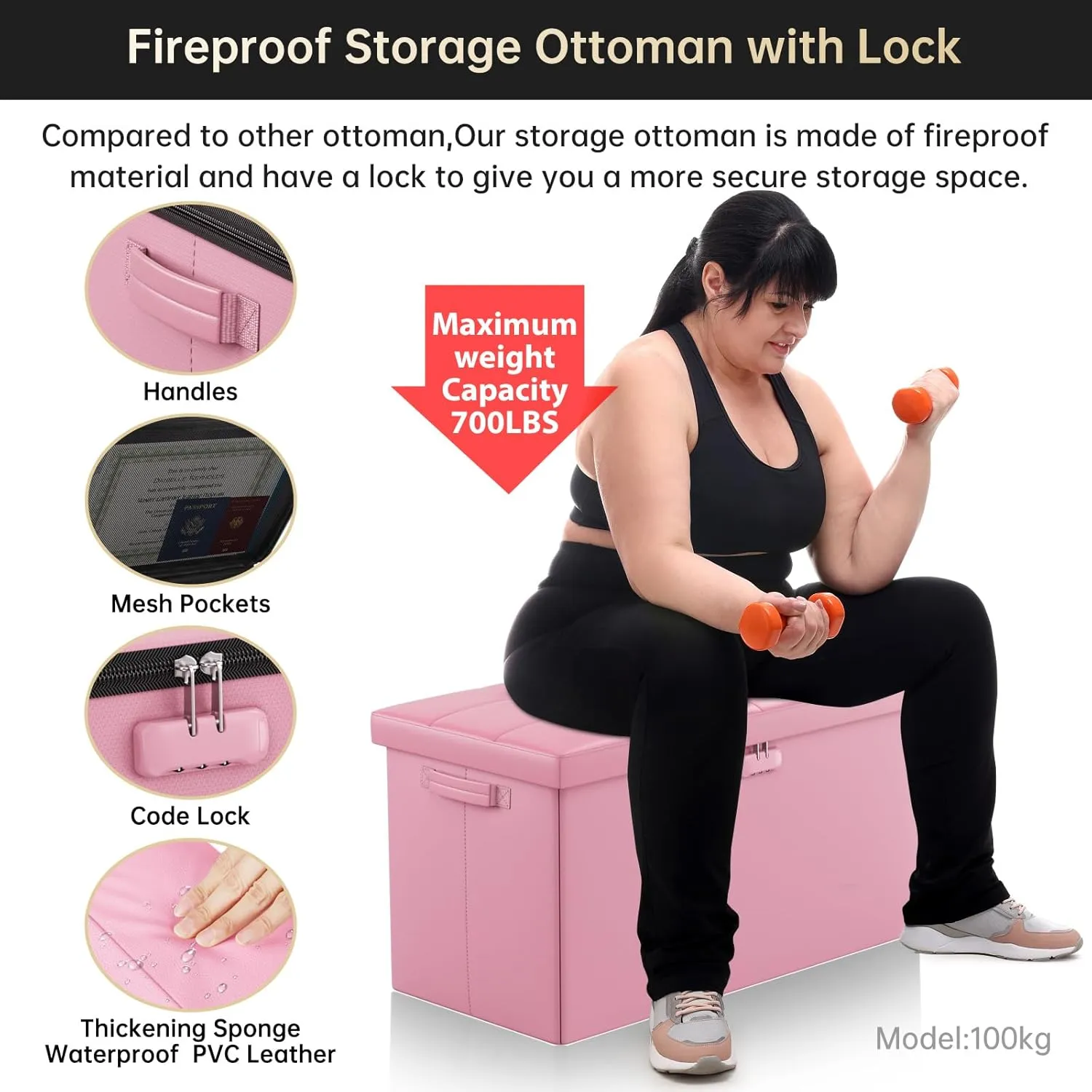 ENGPOW Storage Ottoman Bench,Fireproof Folding Bench with Lock,30 Inches FireWater Resistant Storage Chest Foot Rest Stool Leather Bedroom Ottoman Safe for Documents,Valuables, Pink