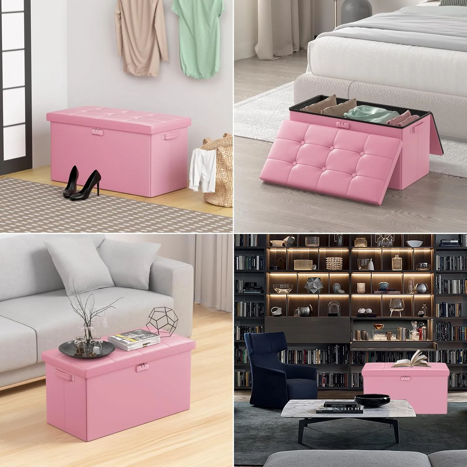 ENGPOW Storage Ottoman Bench,Fireproof Folding Bench with Lock,30 Inches FireWater Resistant Storage Chest Foot Rest Stool Leather Bedroom Ottoman Safe for Documents,Valuables, Pink