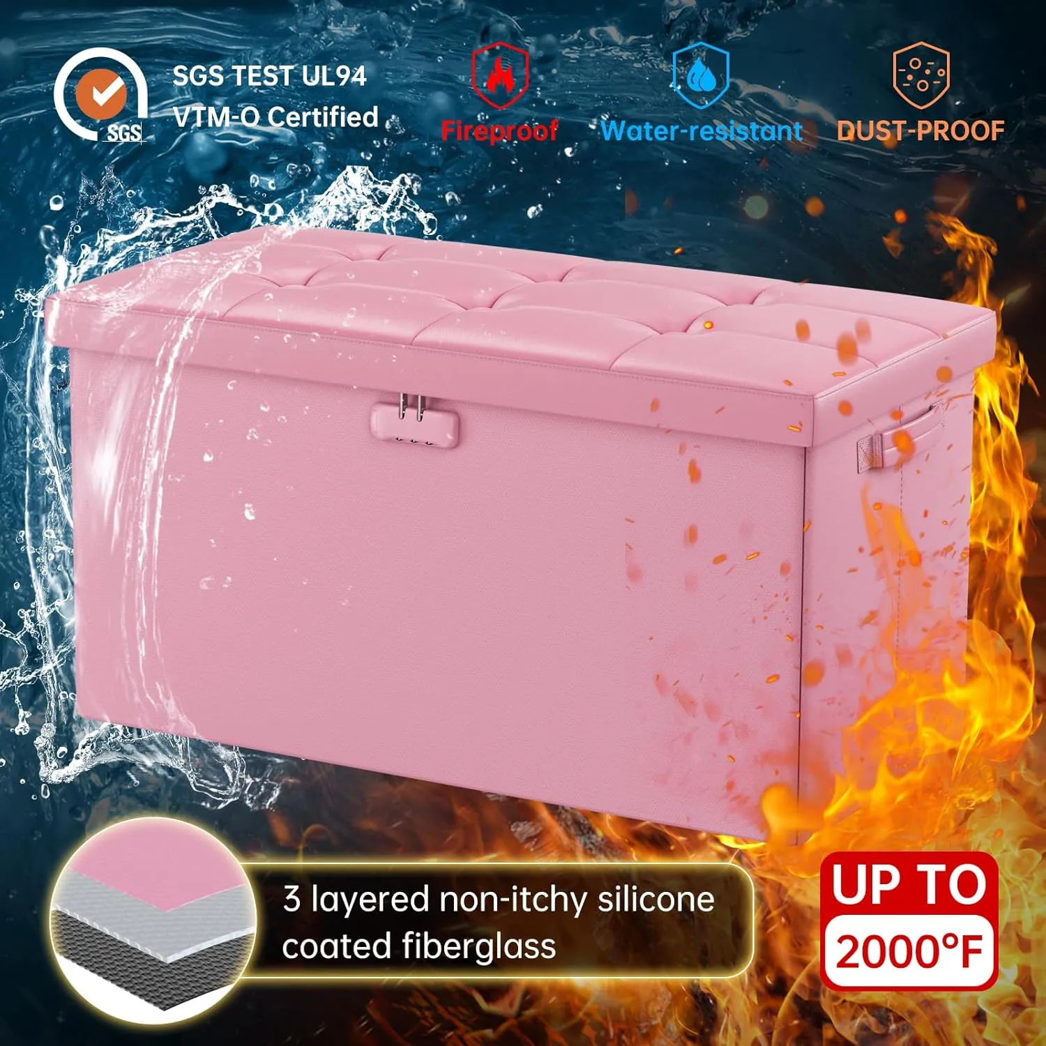ENGPOW Storage Ottoman Bench,Fireproof Folding Bench with Lock,30 Inches FireWater Resistant Storage Chest Foot Rest Stool Leather Bedroom Ottoman Safe for Documents,Valuables, Pink