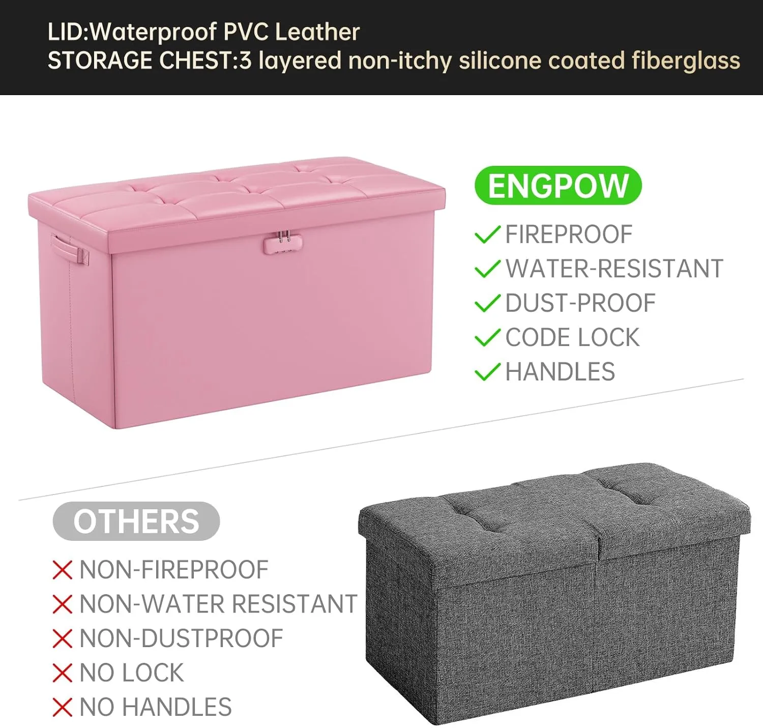 ENGPOW Storage Ottoman Bench,Fireproof Folding Bench with Lock,30 Inches FireWater Resistant Storage Chest Foot Rest Stool Leather Bedroom Ottoman Safe for Documents,Valuables, Pink