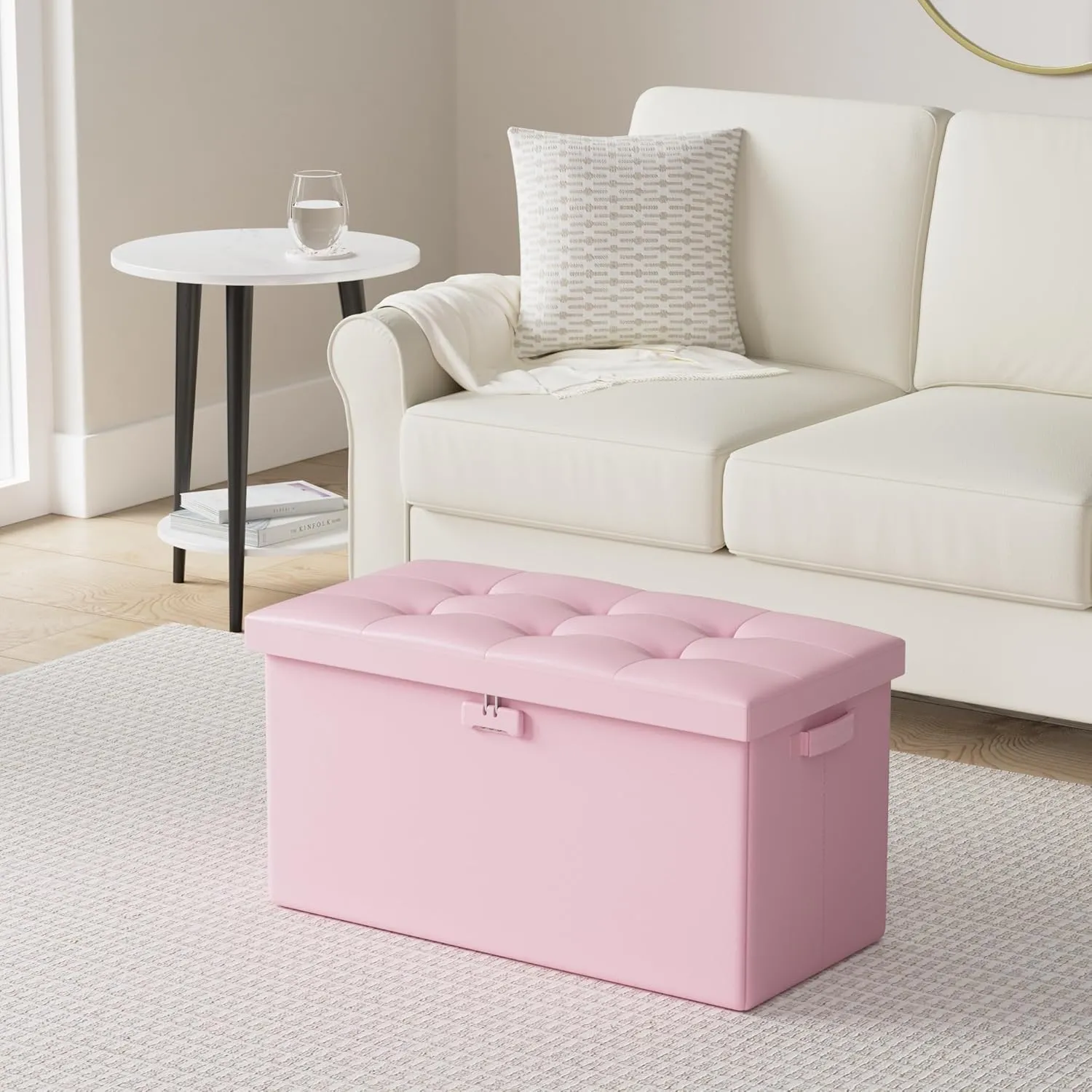 ENGPOW Storage Ottoman Bench,Fireproof Folding Bench with Lock,30 Inches FireWater Resistant Storage Chest Foot Rest Stool Leather Bedroom Ottoman Safe for Documents,Valuables, Pink