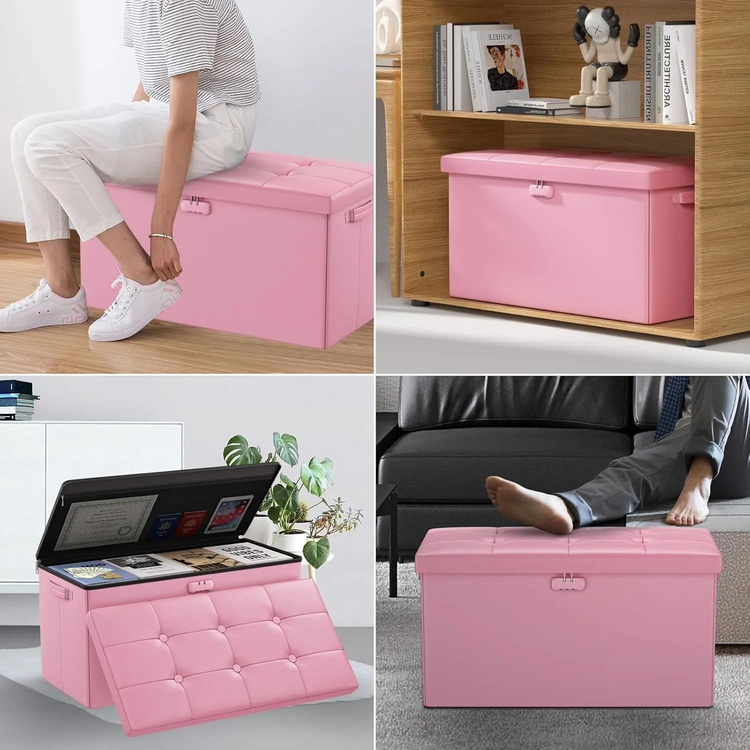 ENGPOW Storage Ottoman Bench,Fireproof Folding Bench with Lock,30 Inches FireWater Resistant Storage Chest Foot Rest Stool Leather Bedroom Ottoman Safe for Documents,Valuables, Pink