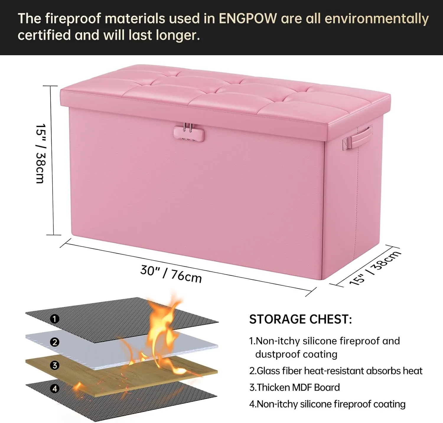 ENGPOW Storage Ottoman Bench,Fireproof Folding Bench with Lock,30 Inches FireWater Resistant Storage Chest Foot Rest Stool Leather Bedroom Ottoman Safe for Documents,Valuables, Pink