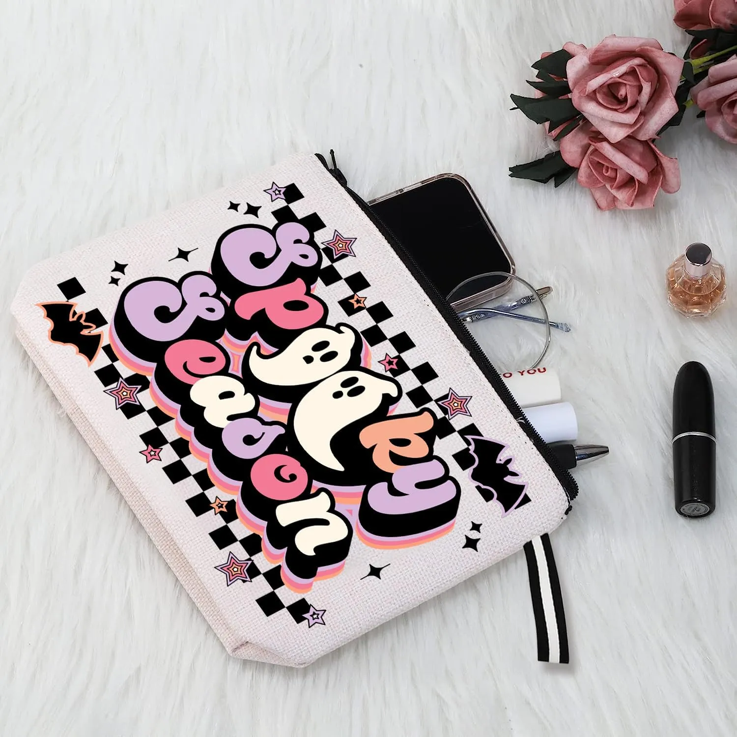 Funny Halloween Boo Gift Spooky Season Cosmetic Bag for Women Halloween Ghost Cosmetic Bag Holiday Gift for Women Birthday Cosmetic Gift for Her Makeup Bag With Zipper