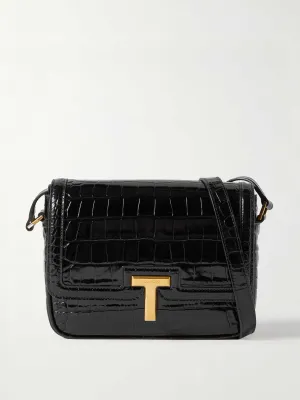 Glossed croc-effect leather shoulder bag