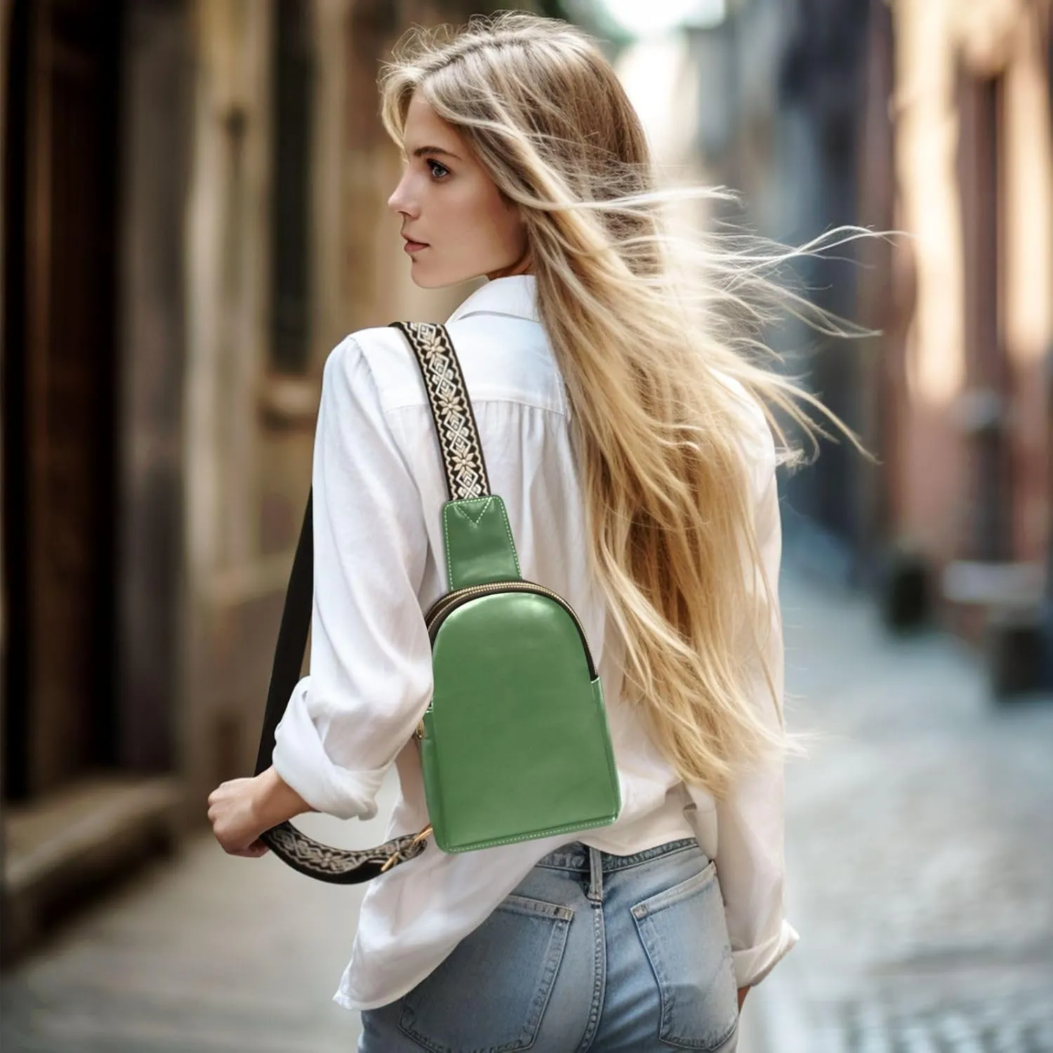 Green Sling Bag for Women Men Fanny Packs Small Crossbody Bags for Women Leather Belt Bag Waterproof Chest Bag for Sport Hiking Running Travel