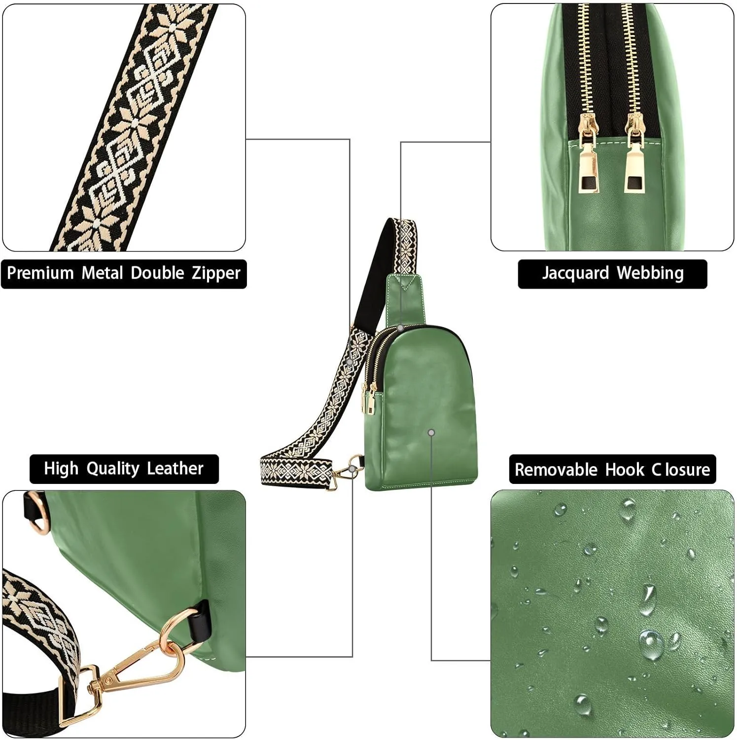 Green Sling Bag for Women Men Fanny Packs Small Crossbody Bags for Women Leather Belt Bag Waterproof Chest Bag for Sport Hiking Running Travel