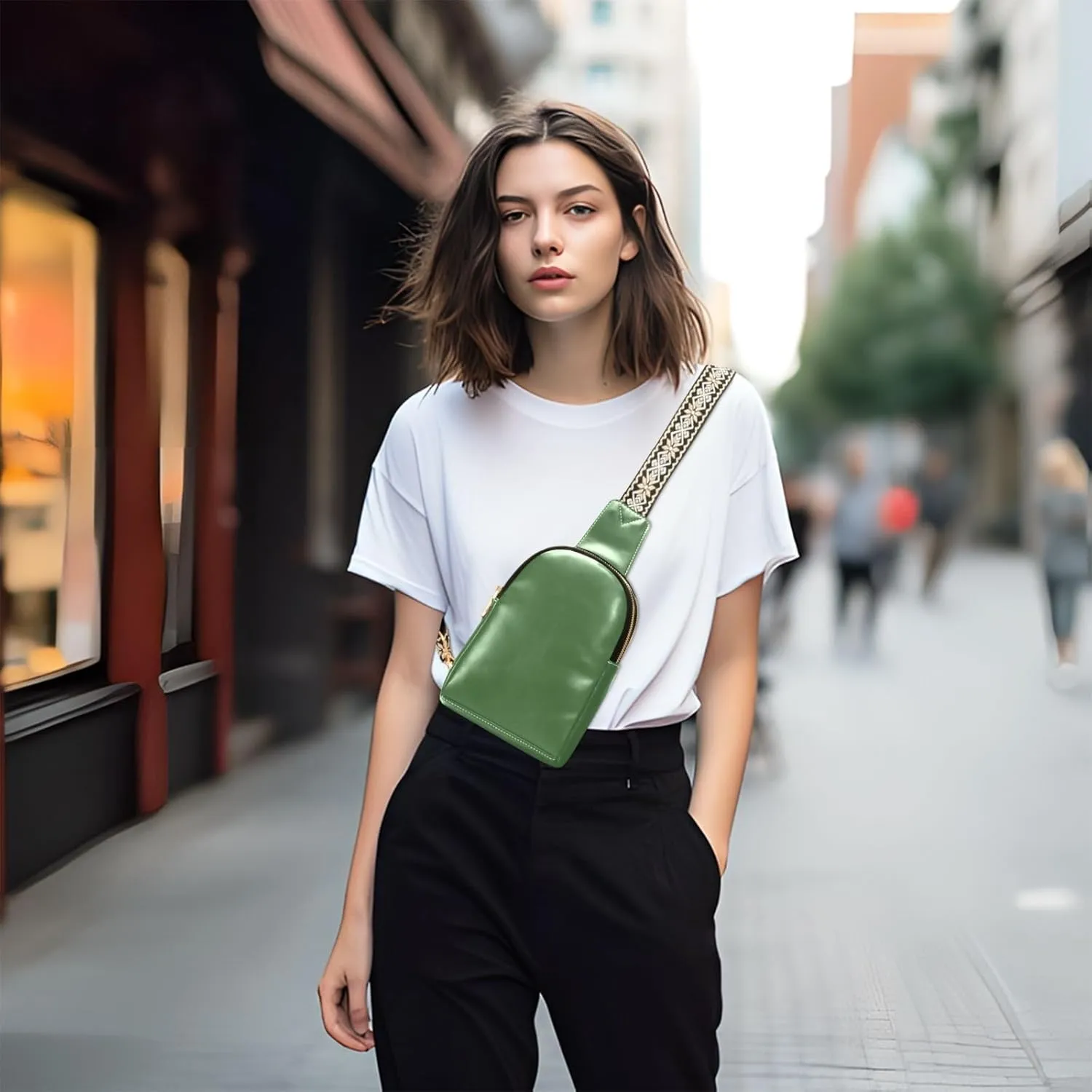 Green Sling Bag for Women Men Fanny Packs Small Crossbody Bags for Women Leather Belt Bag Waterproof Chest Bag for Sport Hiking Running Travel