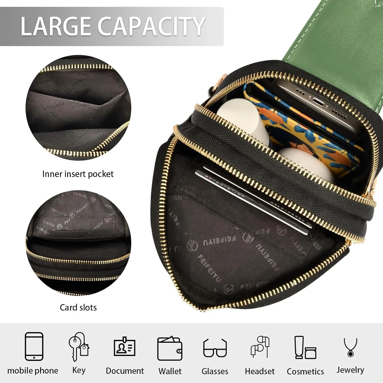 Green Sling Bag for Women Men Fanny Packs Small Crossbody Bags for Women Leather Belt Bag Waterproof Chest Bag for Sport Hiking Running Travel