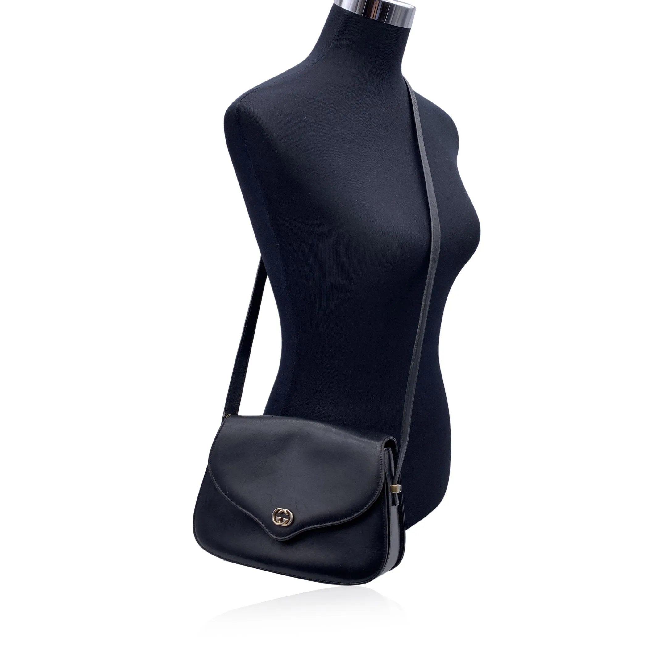 Gucci Vintage Black Leather Flap Box Structured Shoulder Bag