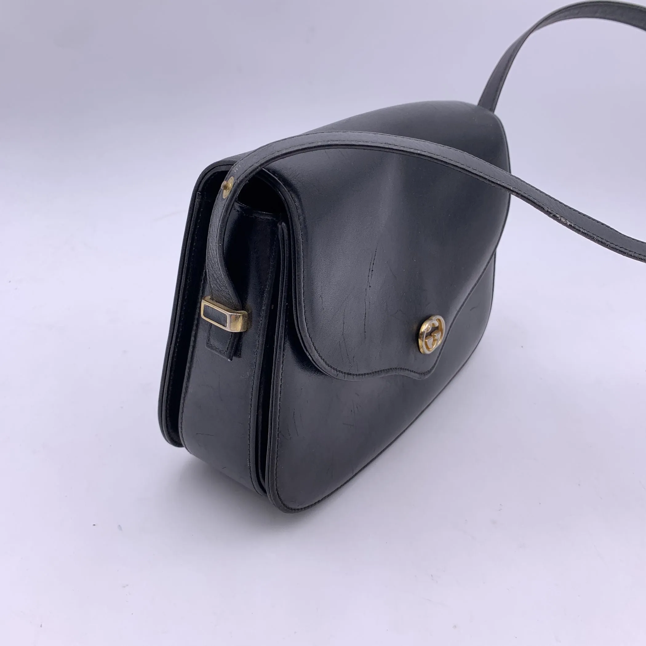 Gucci Vintage Black Leather Flap Box Structured Shoulder Bag