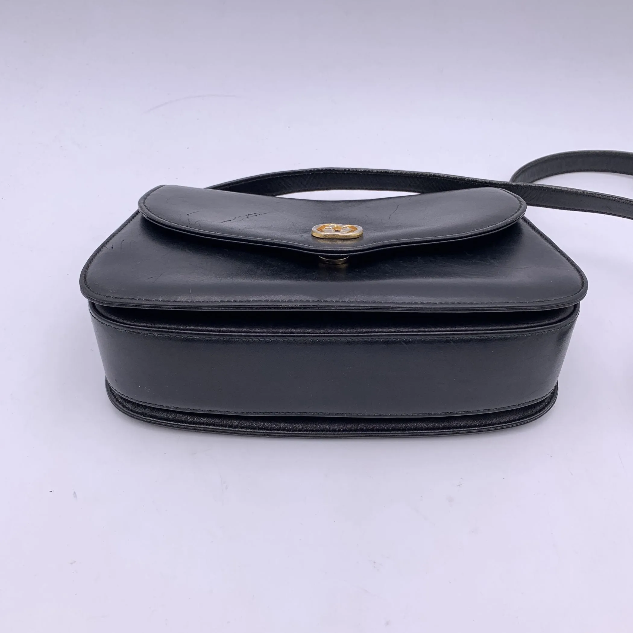 Gucci Vintage Black Leather Flap Box Structured Shoulder Bag