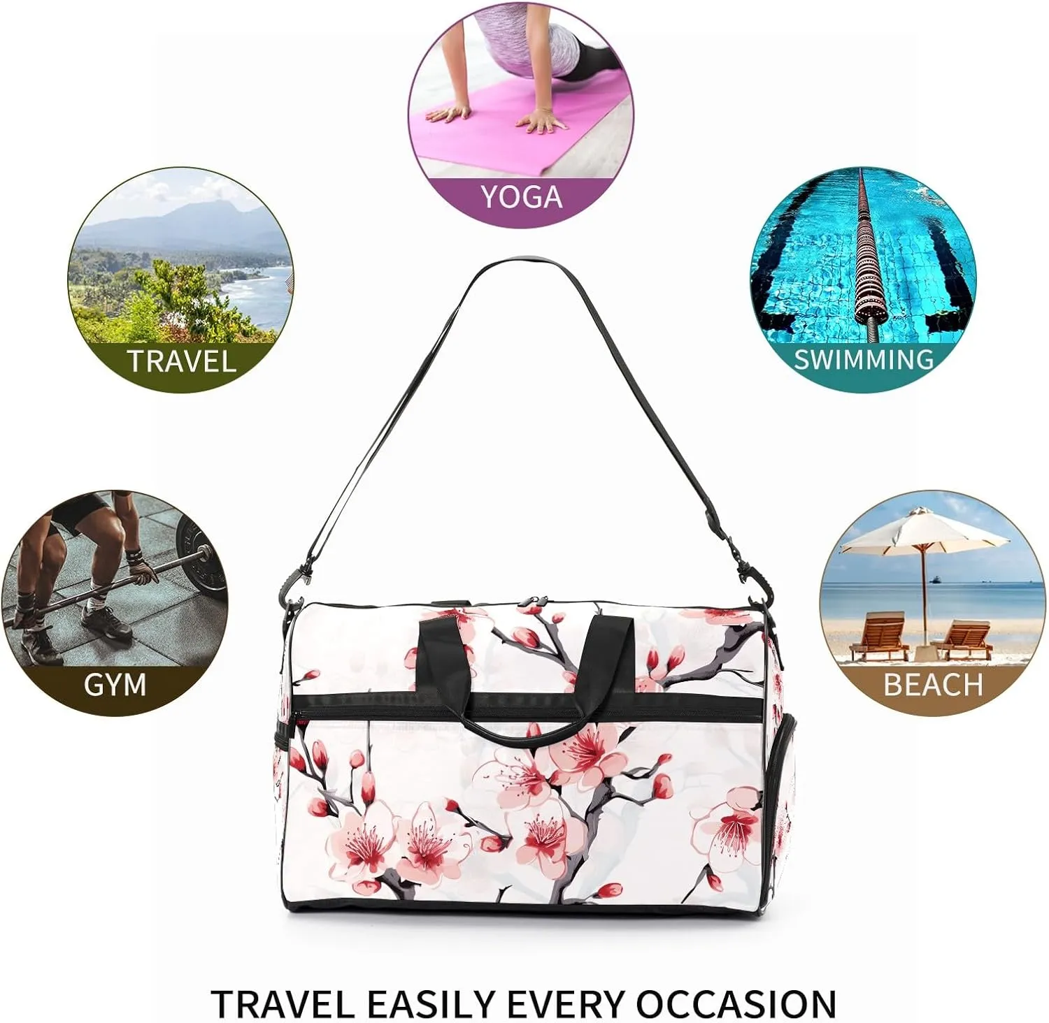 Gym Bag for Women Men, Yoga Bag with Shoe Pocket, Travel Duffel Tote Bag for Plane, Workout, Swimming, Weekend Overnight Bag Carry on Bag Hospital Holdalls, Chinese Painting Peach Blossom - 4
