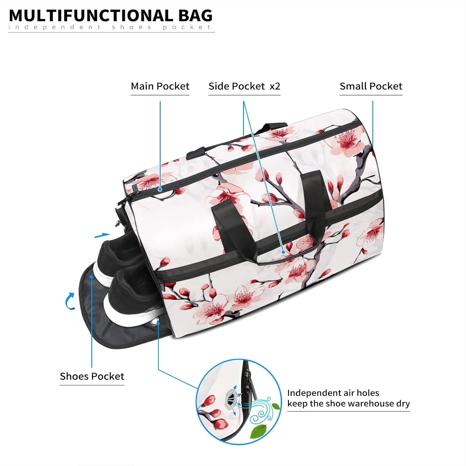 Gym Bag for Women Men, Yoga Bag with Shoe Pocket, Travel Duffel Tote Bag for Plane, Workout, Swimming, Weekend Overnight Bag Carry on Bag Hospital Holdalls, Chinese Painting Peach Blossom - 4