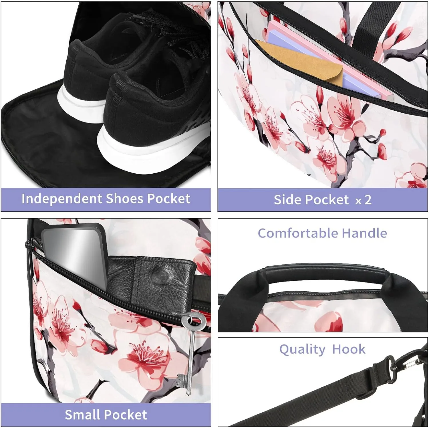 Gym Bag for Women Men, Yoga Bag with Shoe Pocket, Travel Duffel Tote Bag for Plane, Workout, Swimming, Weekend Overnight Bag Carry on Bag Hospital Holdalls, Chinese Painting Peach Blossom - 4