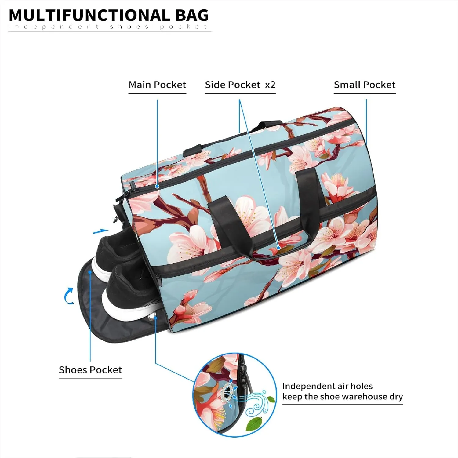 Gym Bag for Women Men, Yoga Bag with Shoe Pocket, Travel Duffel Tote Bag for Plane, Workout, Swimming, Weekend Overnight Bag Carry on Bag Hospital Holdalls, Cute Peach Blossom - 11