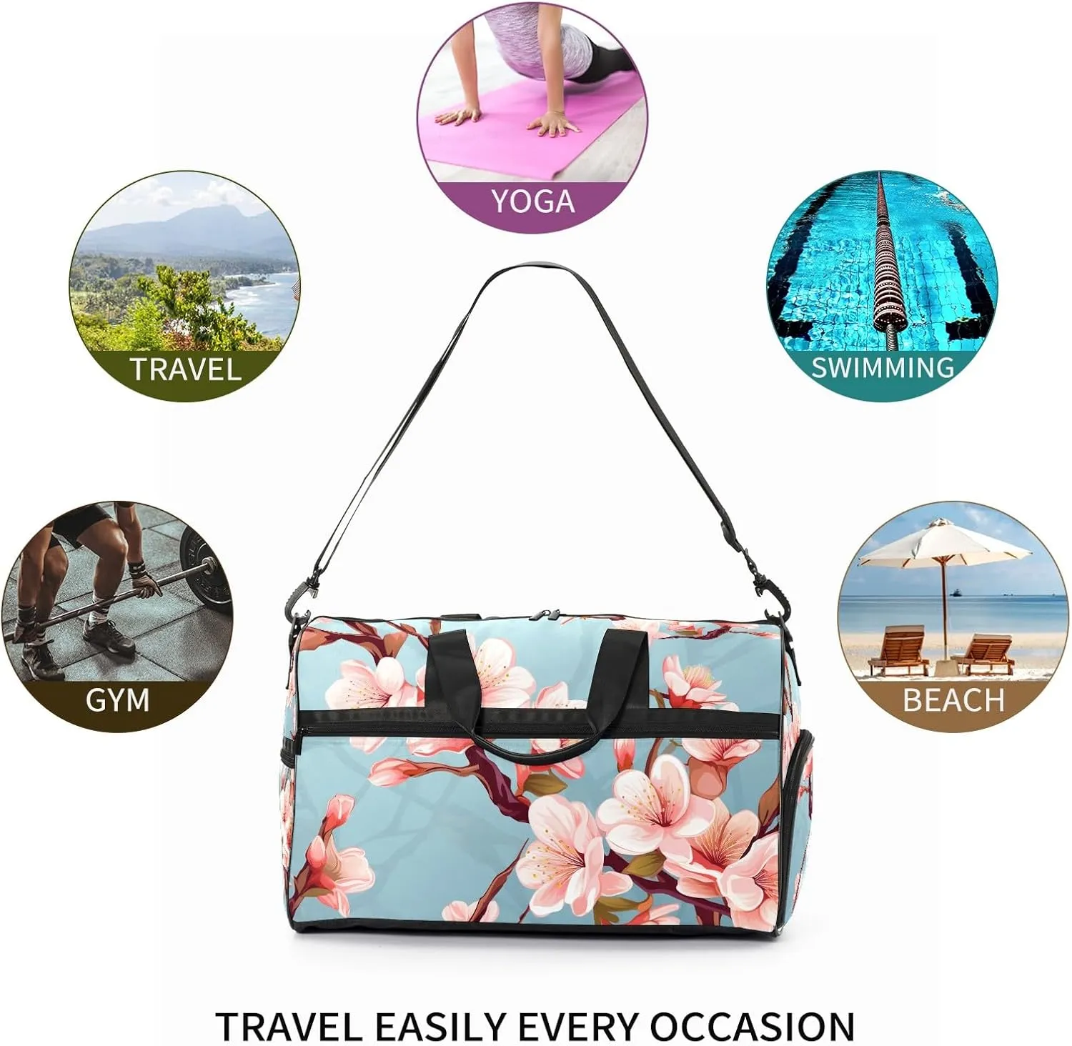 Gym Bag for Women Men, Yoga Bag with Shoe Pocket, Travel Duffel Tote Bag for Plane, Workout, Swimming, Weekend Overnight Bag Carry on Bag Hospital Holdalls, Cute Peach Blossom - 11