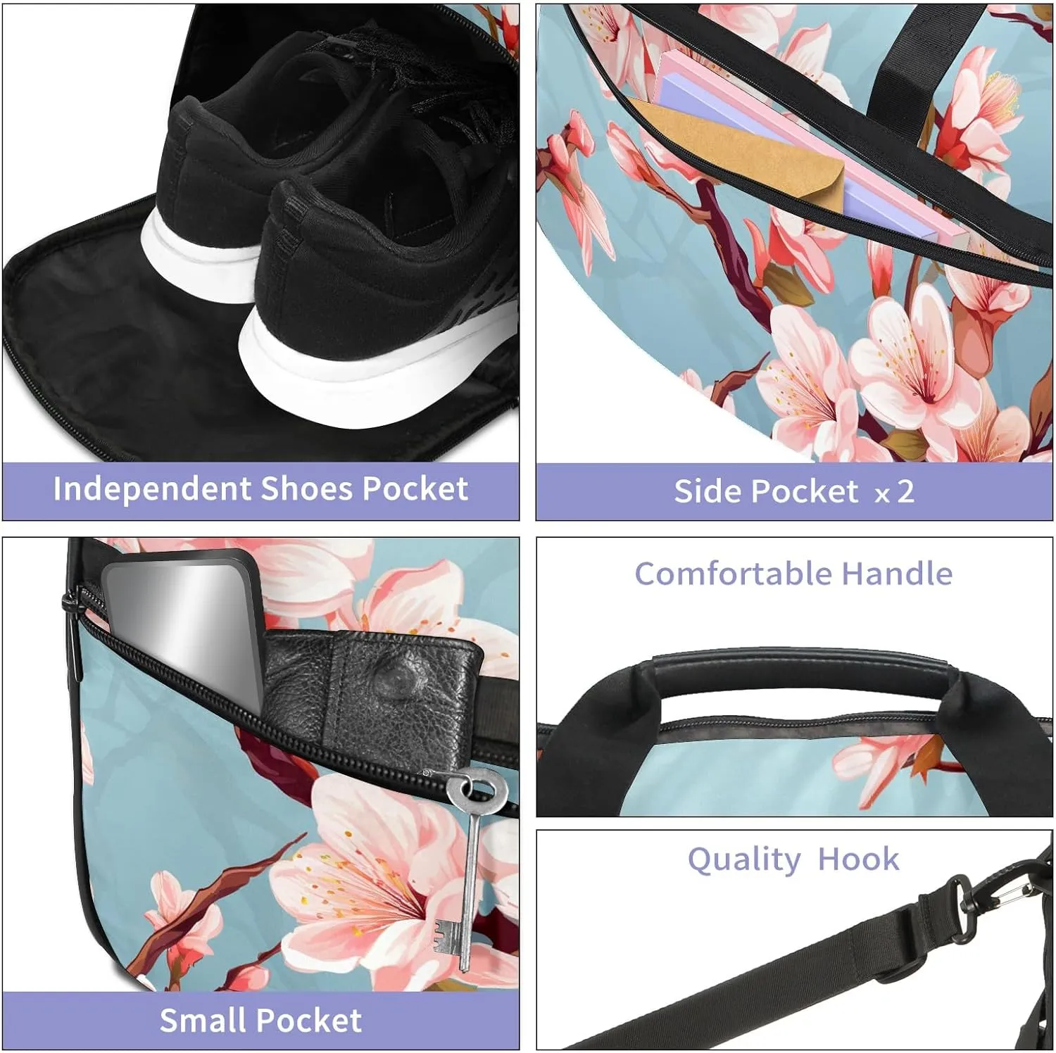 Gym Bag for Women Men, Yoga Bag with Shoe Pocket, Travel Duffel Tote Bag for Plane, Workout, Swimming, Weekend Overnight Bag Carry on Bag Hospital Holdalls, Cute Peach Blossom - 11