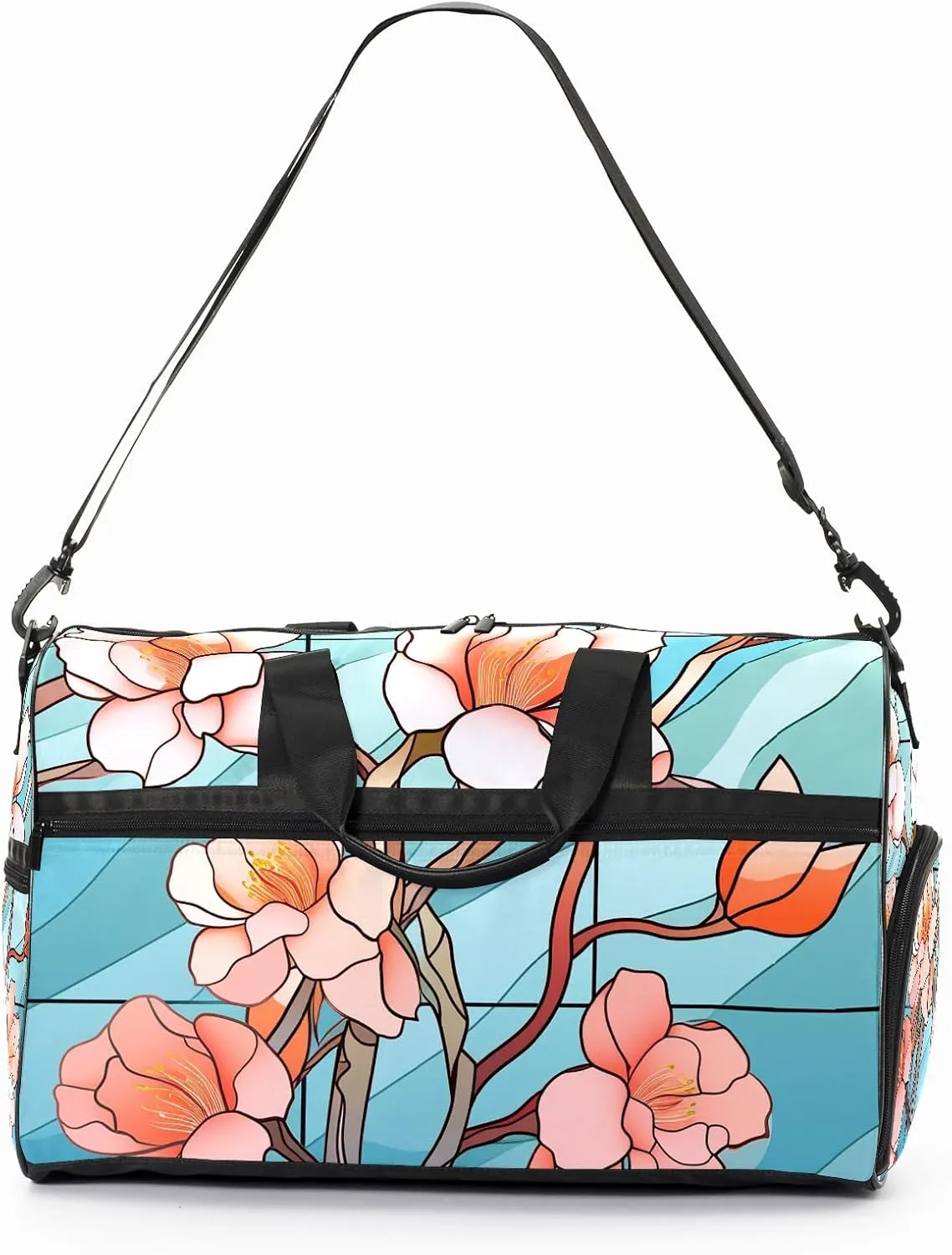 Gym Bag for Women Men, Yoga Bag with Shoe Pocket, Travel Duffel Tote Bag for Plane, Workout, Swimming, Weekend Overnight Bag Carry on Bag Hospital Holdalls, Stained Glass Peach Blossom - 2