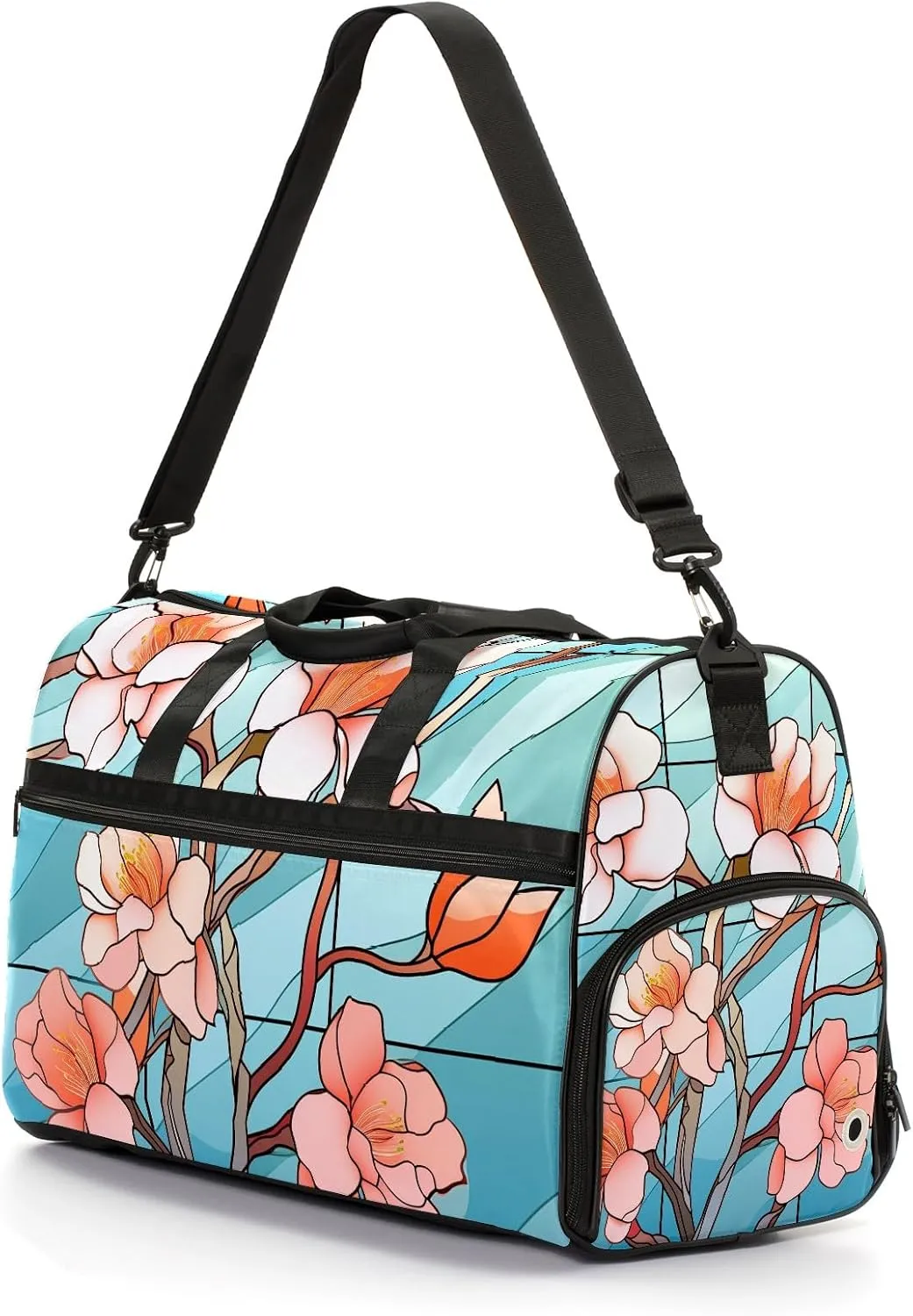 Gym Bag for Women Men, Yoga Bag with Shoe Pocket, Travel Duffel Tote Bag for Plane, Workout, Swimming, Weekend Overnight Bag Carry on Bag Hospital Holdalls, Stained Glass Peach Blossom - 2