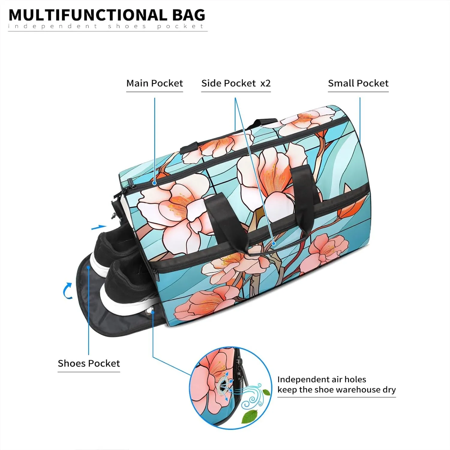 Gym Bag for Women Men, Yoga Bag with Shoe Pocket, Travel Duffel Tote Bag for Plane, Workout, Swimming, Weekend Overnight Bag Carry on Bag Hospital Holdalls, Stained Glass Peach Blossom - 2