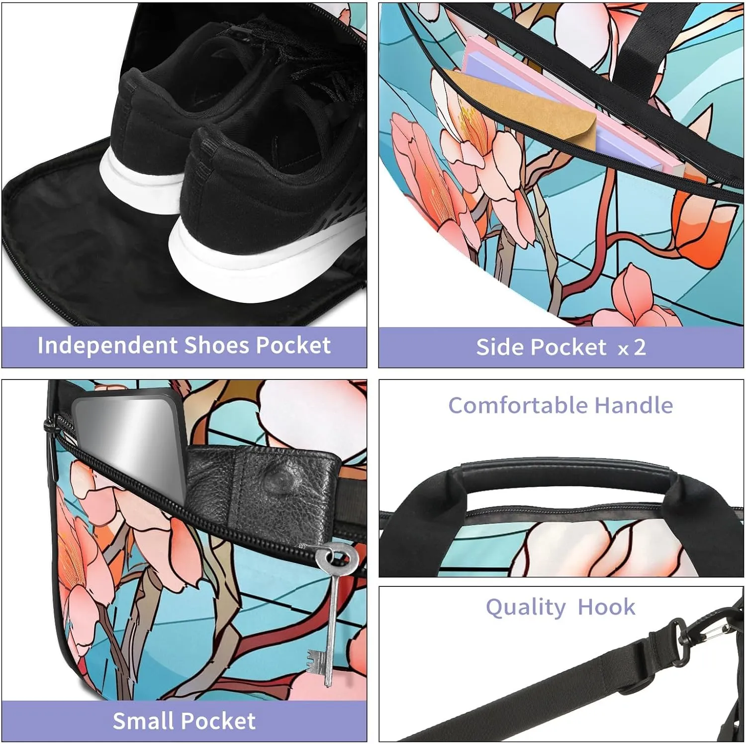 Gym Bag for Women Men, Yoga Bag with Shoe Pocket, Travel Duffel Tote Bag for Plane, Workout, Swimming, Weekend Overnight Bag Carry on Bag Hospital Holdalls, Stained Glass Peach Blossom - 2