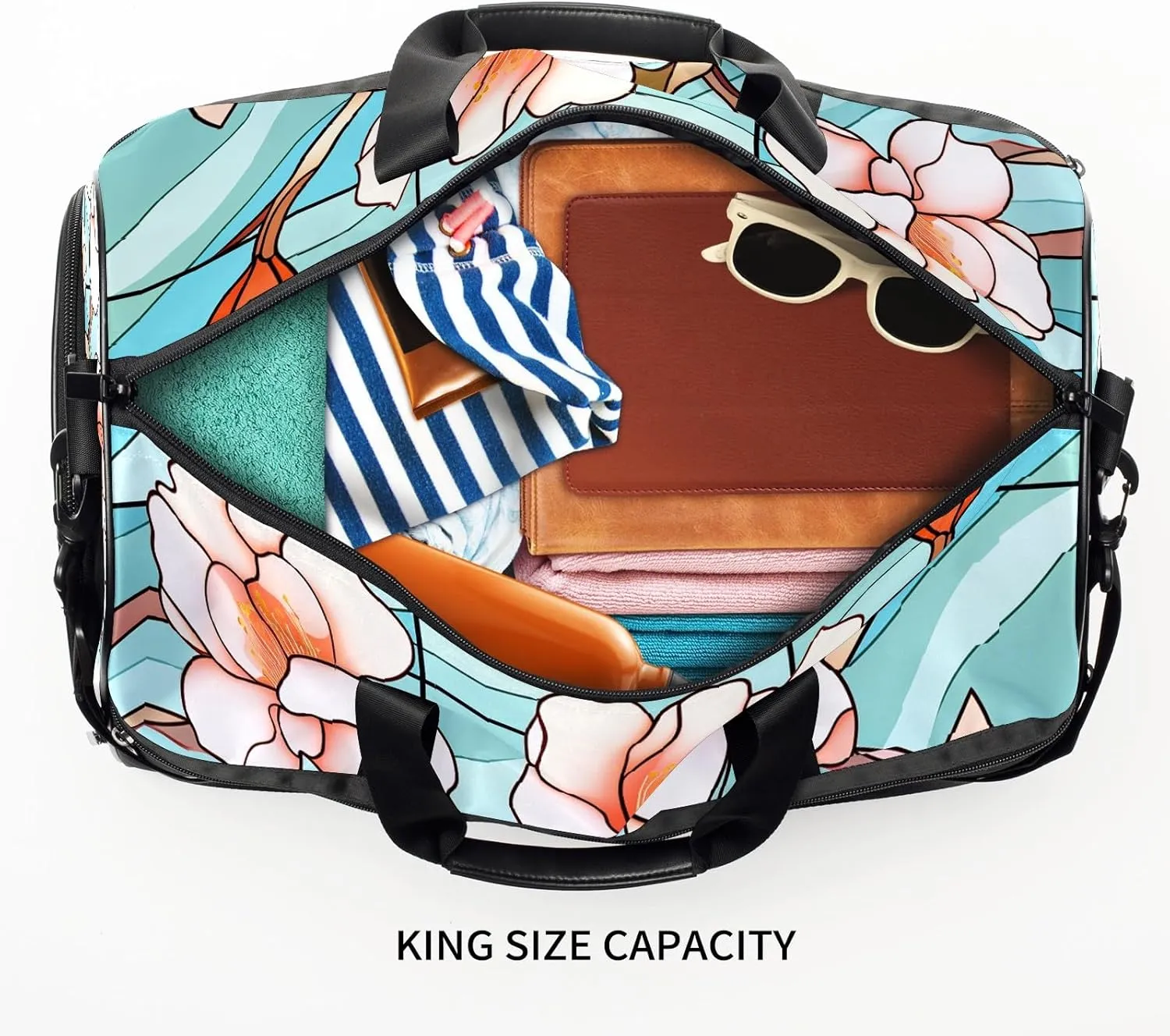 Gym Bag for Women Men, Yoga Bag with Shoe Pocket, Travel Duffel Tote Bag for Plane, Workout, Swimming, Weekend Overnight Bag Carry on Bag Hospital Holdalls, Stained Glass Peach Blossom - 2