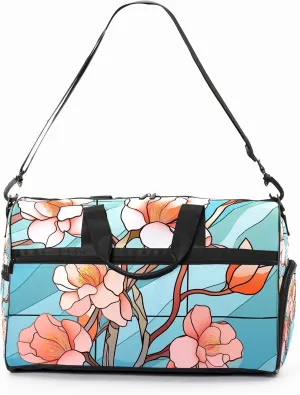 Gym Bag for Women Men, Yoga Bag with Shoe Pocket, Travel Duffel Tote Bag for Plane, Workout, Swimming, Weekend Overnight Bag Carry on Bag Hospital Holdalls, Stained Glass Peach Blossom - 2