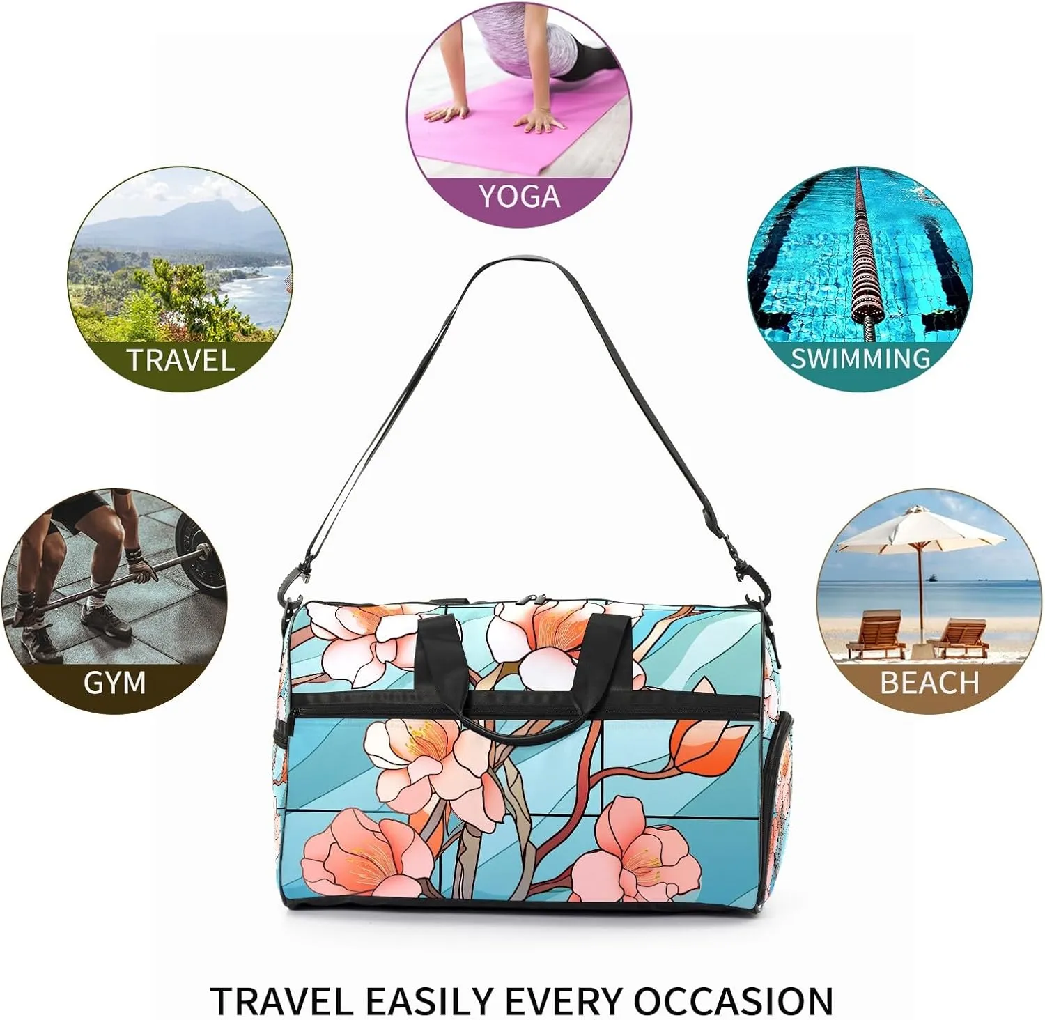 Gym Bag for Women Men, Yoga Bag with Shoe Pocket, Travel Duffel Tote Bag for Plane, Workout, Swimming, Weekend Overnight Bag Carry on Bag Hospital Holdalls, Stained Glass Peach Blossom - 2